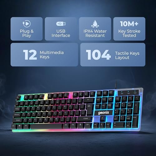 Geonix Cruiser K5, Wired Gaming Keyboard, 104 Keys, 1.5m Cable, 12 Multimedia Keys, USB Interface, RGB Colour, Plug and Play - Image 7