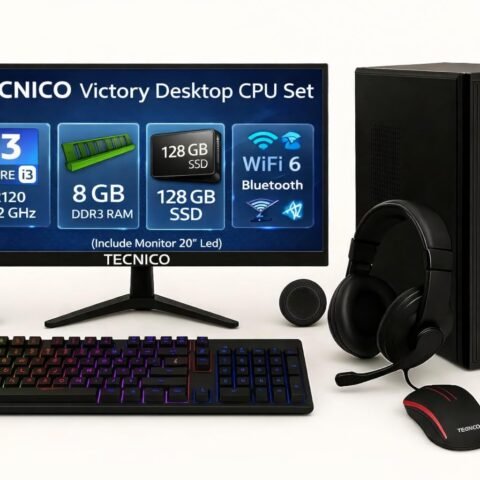 TECNICO Victory Desktop CPU Set, Core I3 2120 2.2GHz, 8 GB DDR3 RAM, 128 GB SSD, RGB Keyboard Mouse Set, WiFi 6, Bluetooth, Speakers, Headphone (Include Monitor 20" Led)