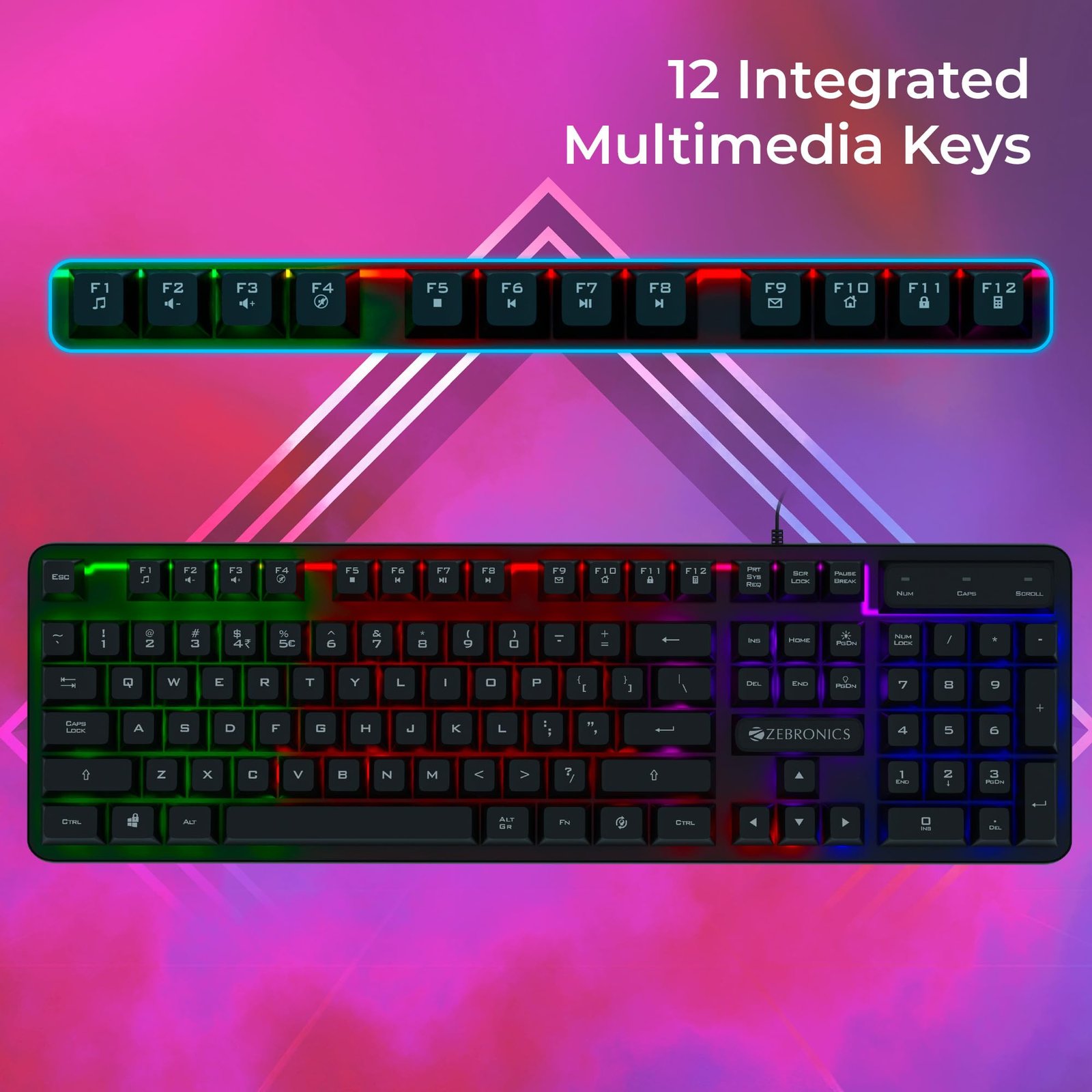 Zebronics Transformer K1 Premium Gaming Keyboard with 104 Keys, 1.7m Cable, Laser Keycaps, Multi Color LED Modes, Integrated Multimedia Keys, All Keys Enable/Disable Function - Image 7