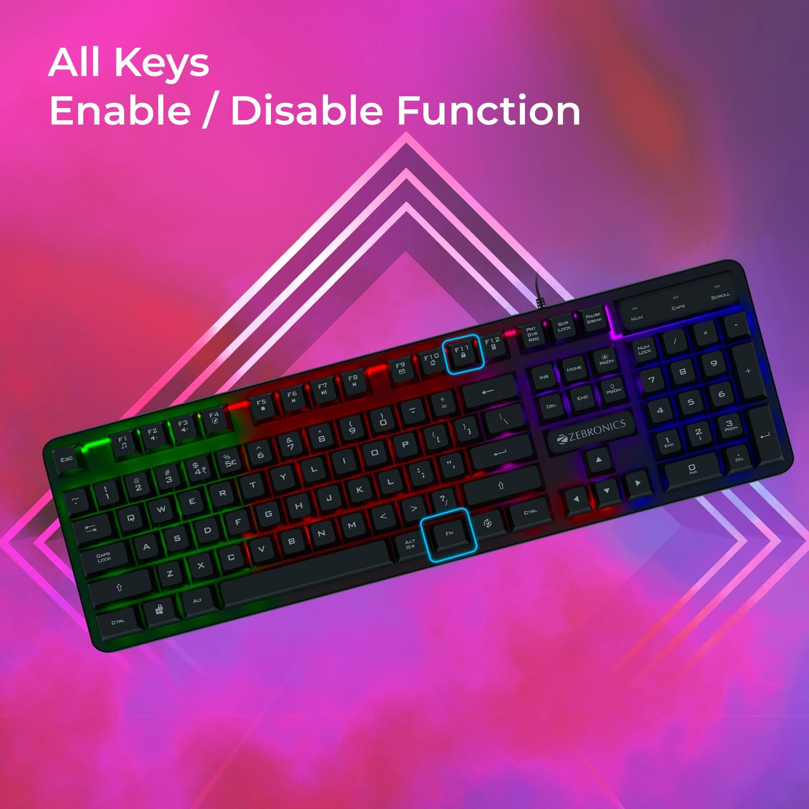 Zebronics Transformer K1 Premium Gaming Keyboard with 104 Keys, 1.7m Cable, Laser Keycaps, Multi Color LED Modes, Integrated Multimedia Keys, All Keys Enable/Disable Function - Image 5