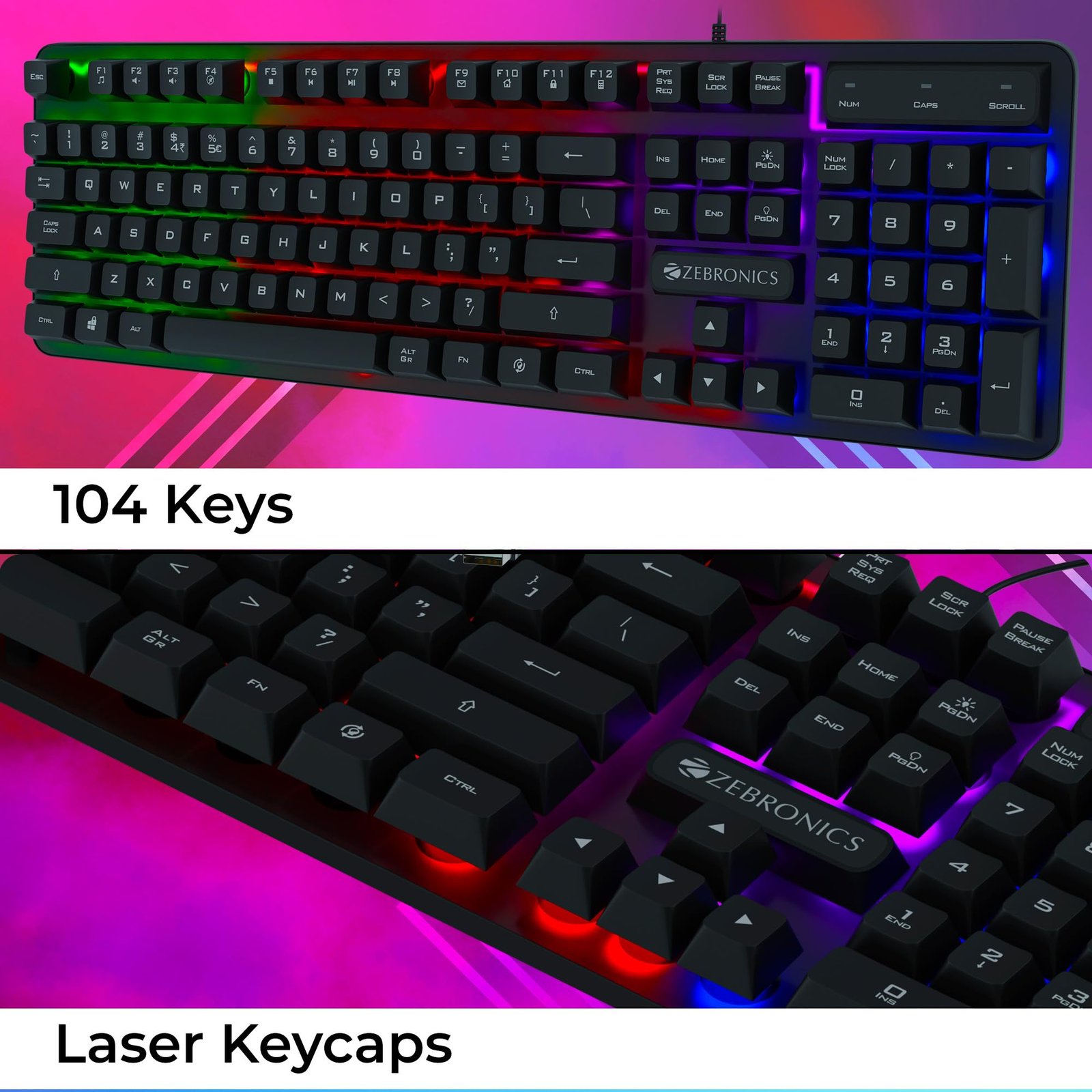 Zebronics Transformer K1 Premium Gaming Keyboard with 104 Keys, 1.7m Cable, Laser Keycaps, Multi Color LED Modes, Integrated Multimedia Keys, All Keys Enable/Disable Function - Image 3