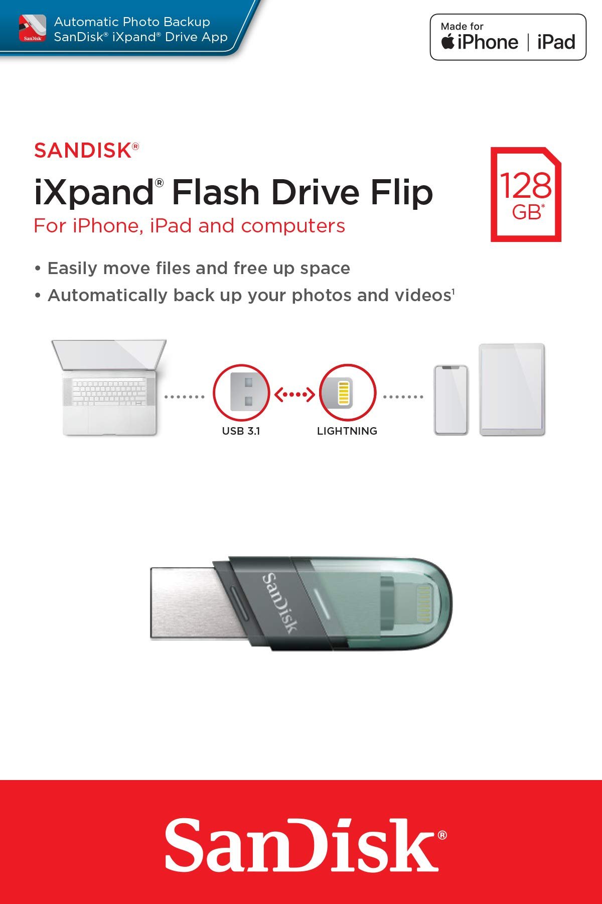SanDisk iXpand USB 3.0 Flash Drive Flip 128GB for iOS and Windows, Metalic - Image 2