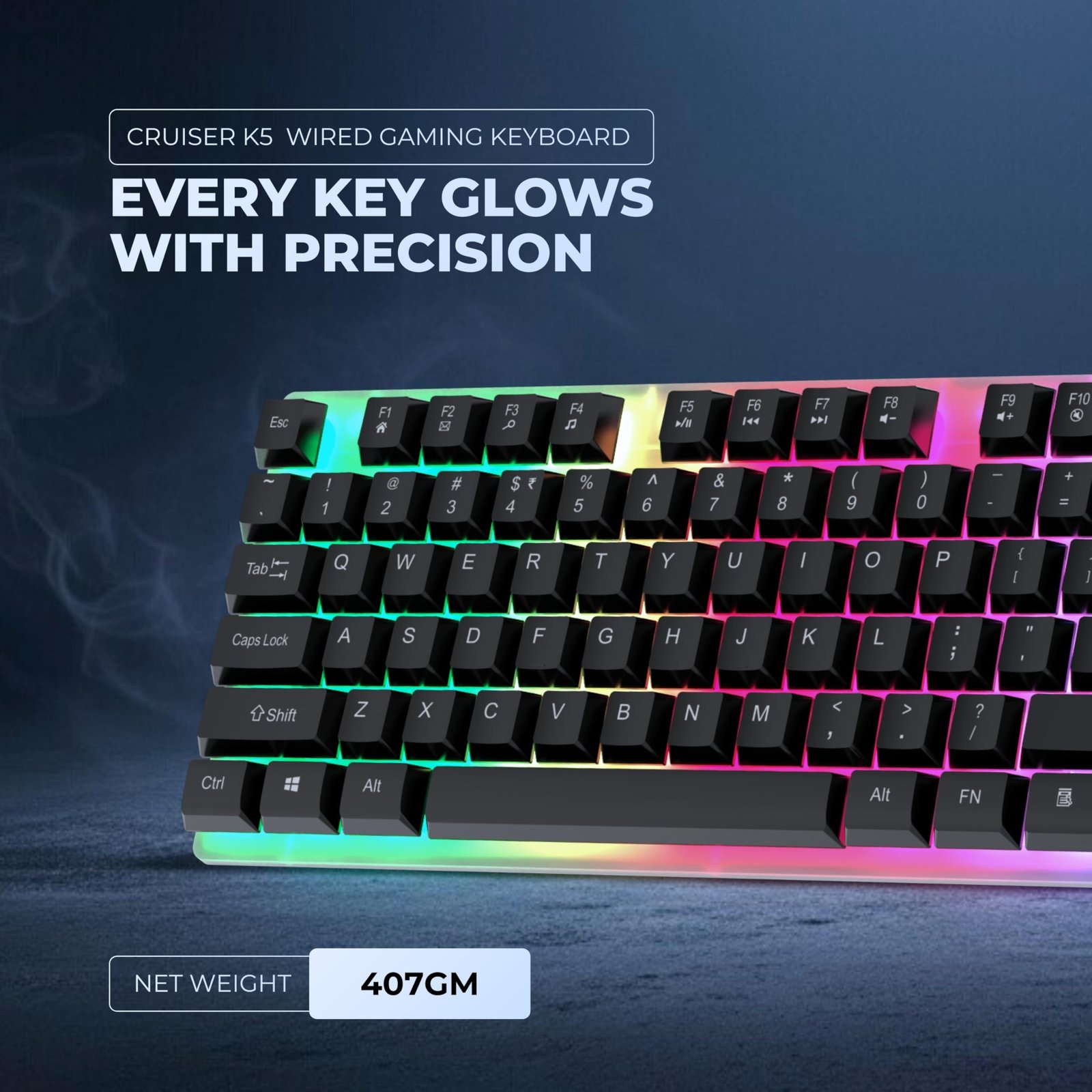 Geonix Cruiser K5, Wired Gaming Keyboard, 104 Keys, 1.5m Cable, 12 Multimedia Keys, USB Interface, RGB Colour, Plug and Play - Image 2