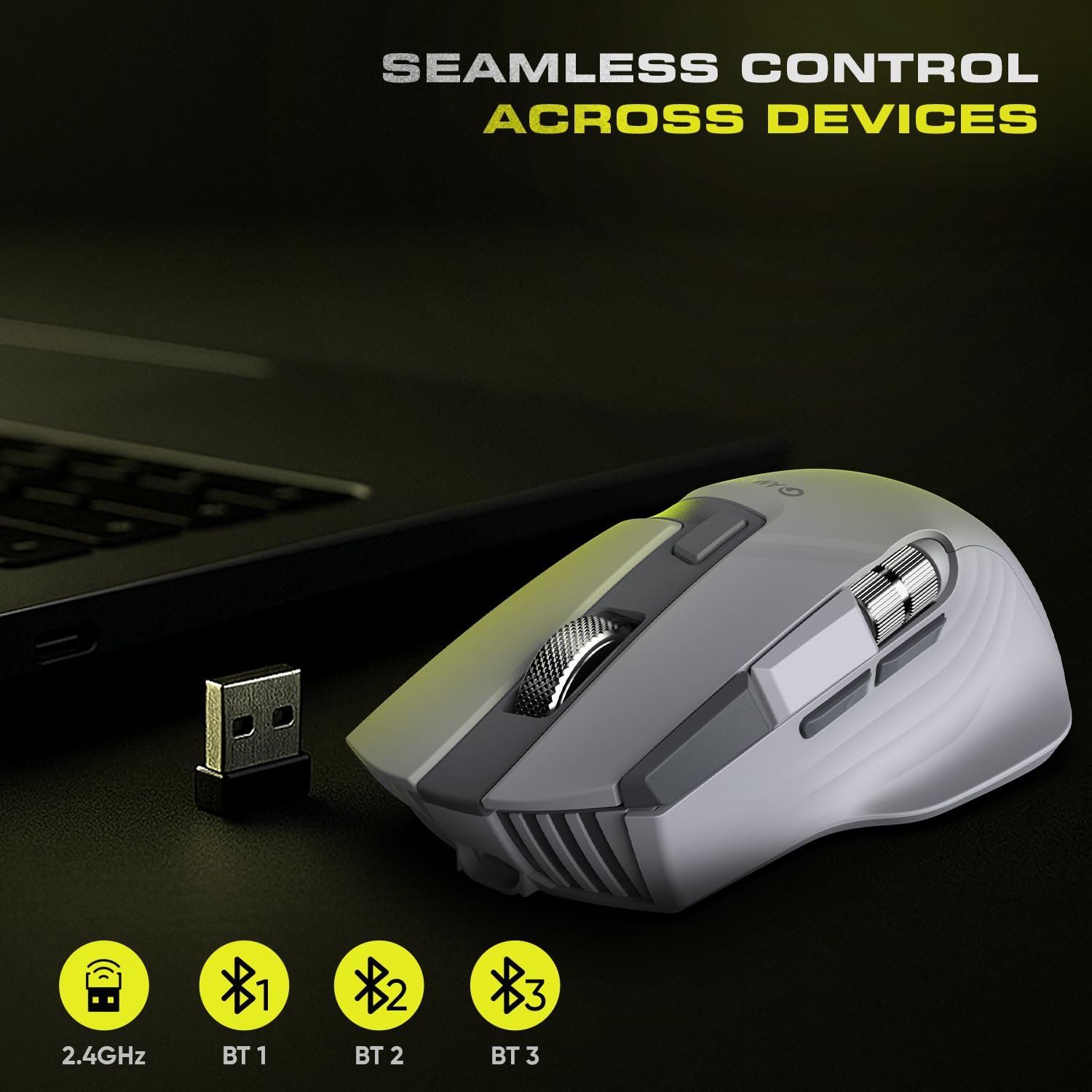 Amkette XS Series Flow S Ergonomic Wireless Mouse/Bluetooth Mouse with Side Scroll, 2.4G + 3×BT, 7 Buttons, Multi-OS, 3200 DPI Adjustable, 1000Hz Polling, 800mAh Rechargeable - Image 5