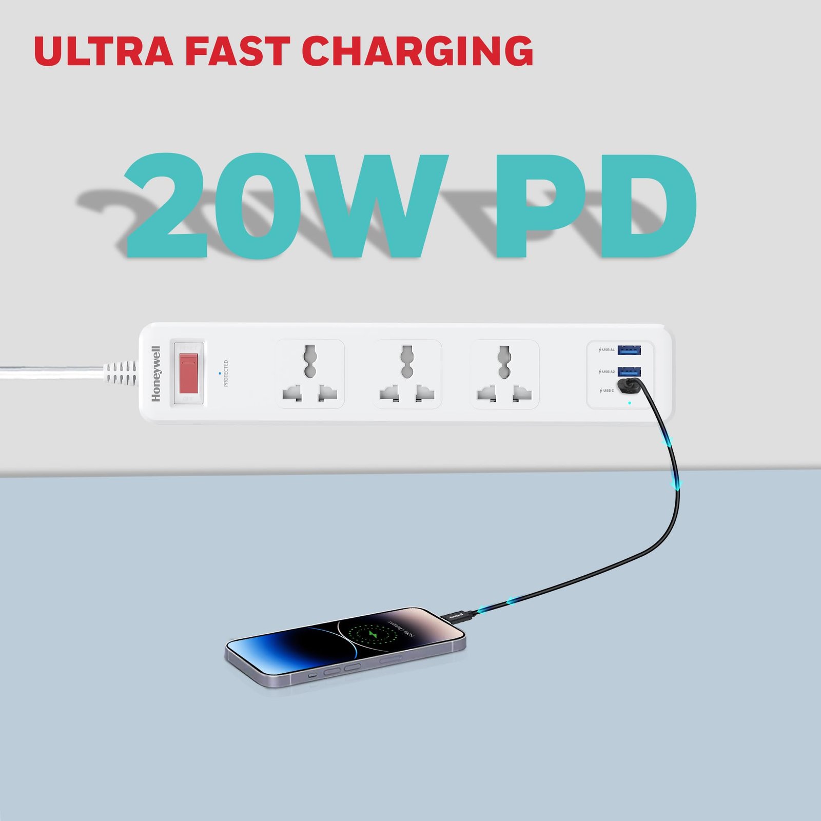 Honeywell 3 Out Surge Protector with Master Switch, Spike Guard/Extension Board, 3 Outlet, PD20W & 2xUSB, 13500Amp, 1.8 Meter Cord, DSW, Automatic Overload Protection, 3 Years Manufacturer Warranty - Image 5