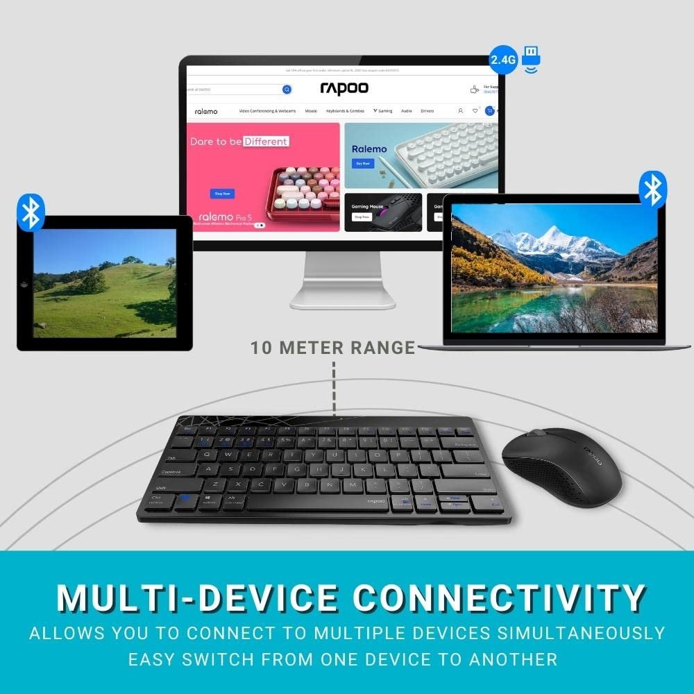 Rapoo 8000M Multi-Device Wireless & Bluetooth Keyboard & Mouse Combo | Spill Resistant |2.4GHz, BT 3.0 & 4.0 | 1300 DPI | Windows & Mac OS Support |Silent Keys | 3 Yrs Warranty |Silent |Black - Image 8