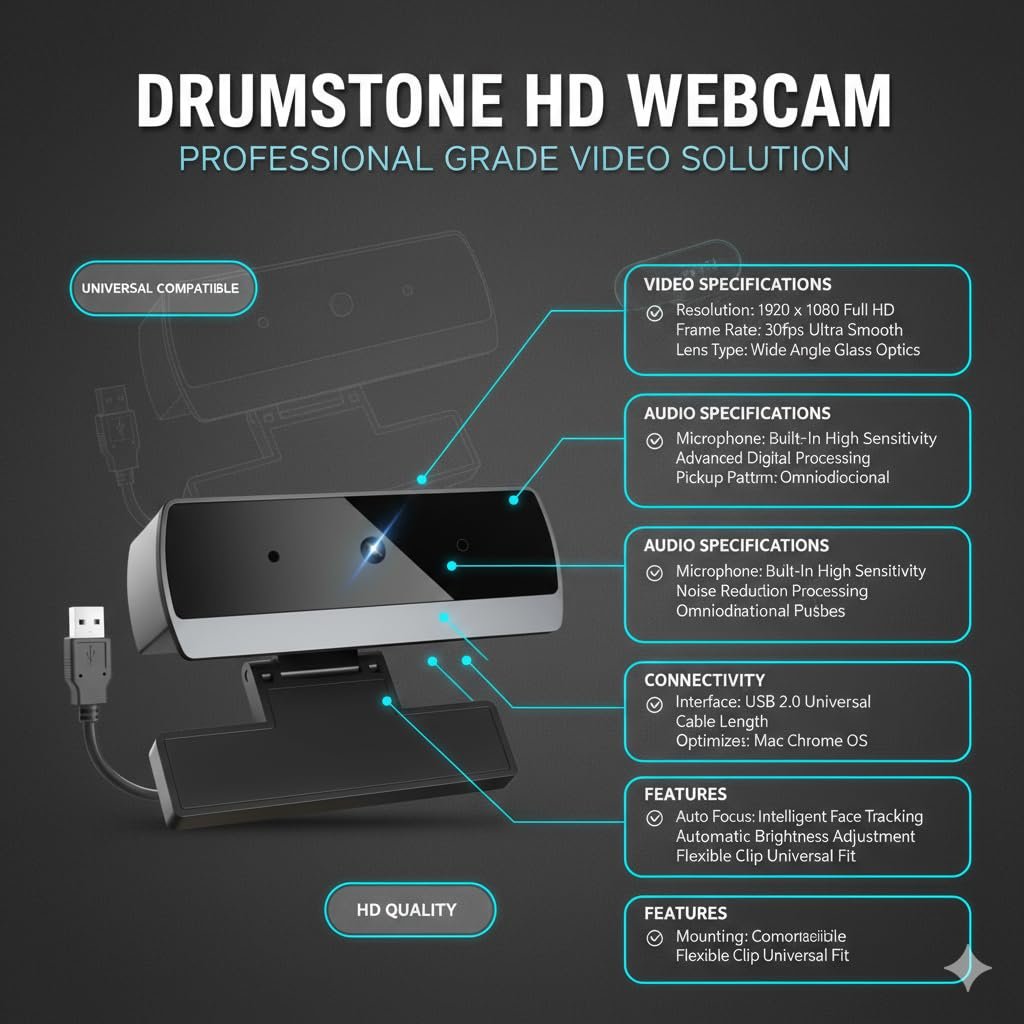 Drumstone HD Webcam with Built-in Microphone, USB Plug & Play Camera for Online Classes, Video Calling, Streaming, Office Meetings and Laptop/Desktop Compatibility