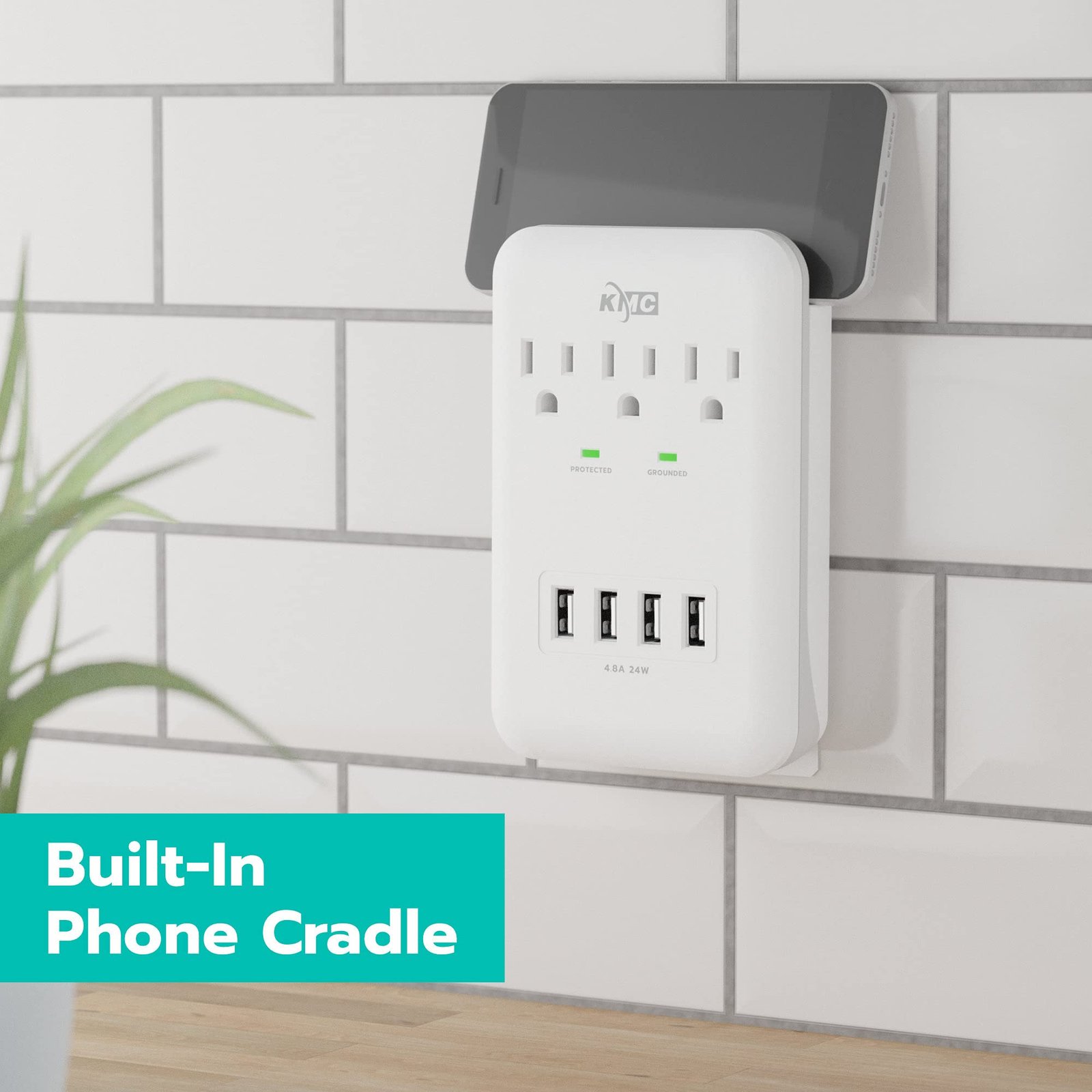 KMC 3-Outlet Wall Mount Surge Protector 1200 Joules with 4.8 AMP USB Charging Ports, 4 USB Charging Ports and 1 Phone Holders for Home, School, Office, ETL Certified - Image 4