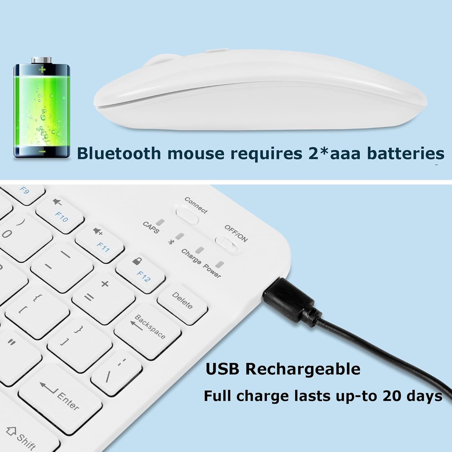 RODEX Bluetooth Wireless Keyboard&Mouse Combo,Ultra-Slim Ergonomic Small Rechargeable Bluetooth Keyboard Mouse Set for Apple iPad iPhone Samsung Tablet Phone Android PC Computer Mac Smartphone(White)