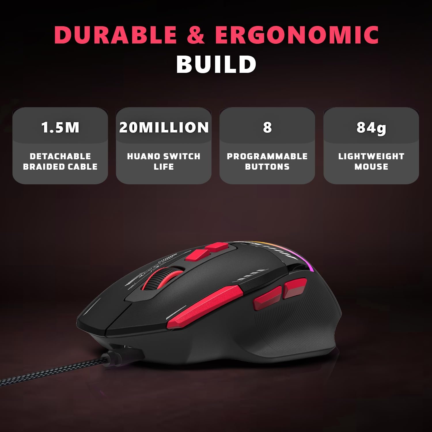 EvoFox Blaze 2 Wireless Gaming Mouse Tri-Mode Rechargeable, 12,800 DPI, 1000Hz Polling Rate, Ergonomic Design, RGB Lighting, 8 Programmable Buttons, Software Support