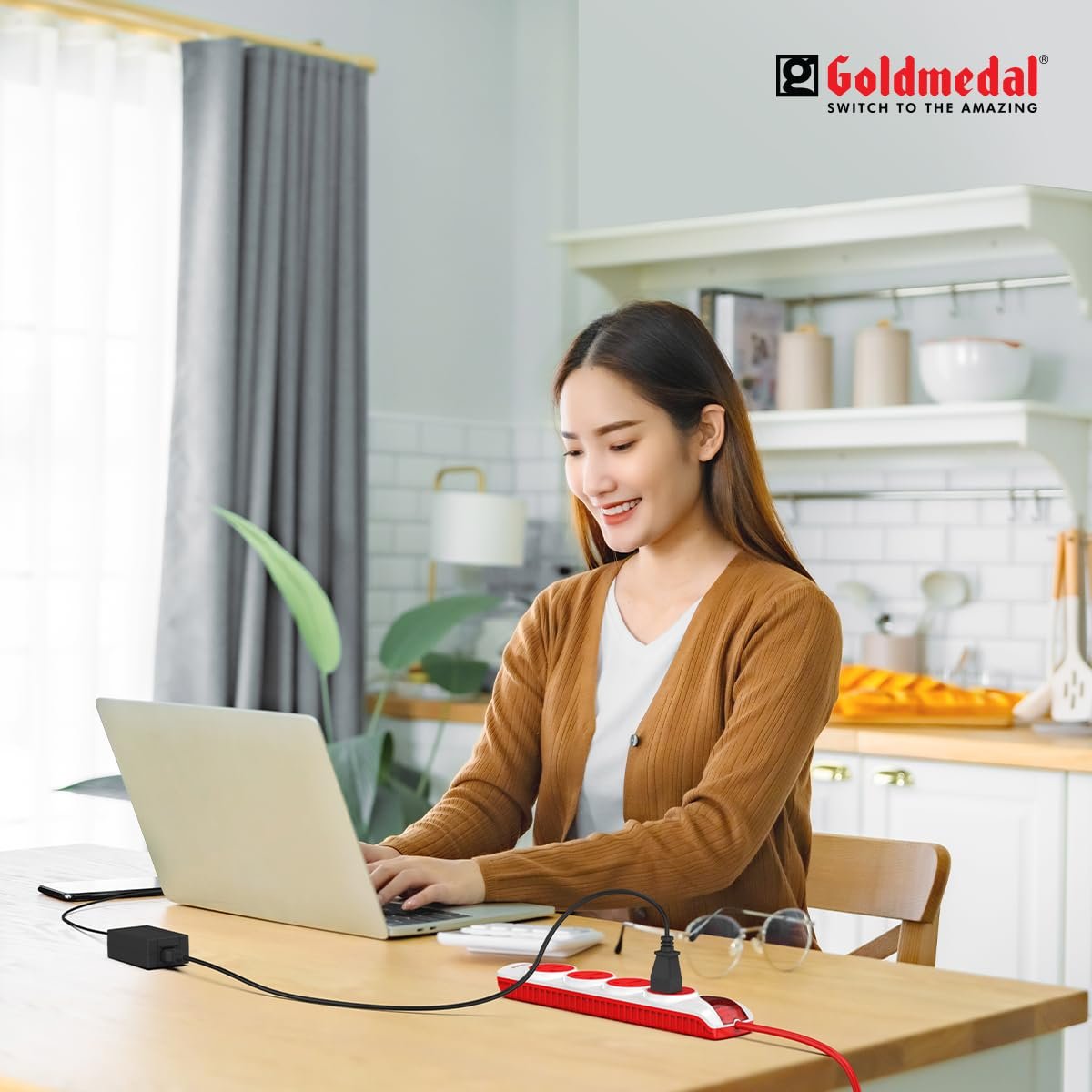 Goldmedal Plugged-in 4x4 Extension Board with Surge Protector | 4 Universal Sockets | 2-Meter Heavy Duty Extension Cord | Individual Switches with LED Indicators | Power Strip for Home & Office