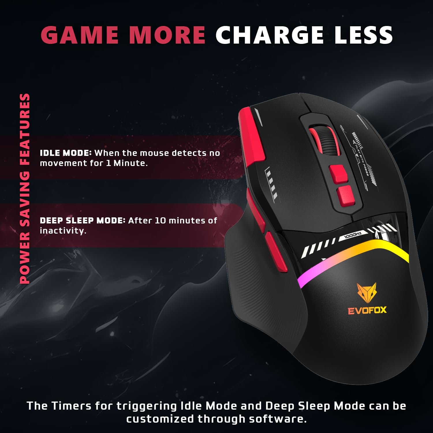 EvoFox Blaze 2 Wireless Gaming Mouse Tri-Mode Rechargeable, 12,800 DPI, 1000Hz Polling Rate, Ergonomic Design, RGB Lighting, 8 Programmable Buttons, Software Support - Image 9