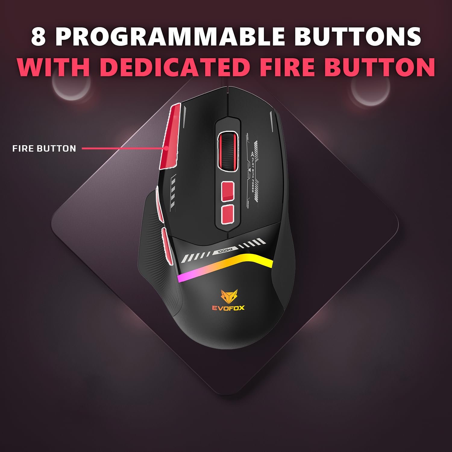 EvoFox Blaze 2 Wireless Gaming Mouse Tri-Mode Rechargeable, 12,800 DPI, 1000Hz Polling Rate, Ergonomic Design, RGB Lighting, 8 Programmable Buttons, Software Support - Image 7