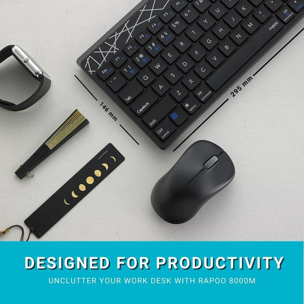 Rapoo 8000M Multi-Device Wireless & Bluetooth Keyboard & Mouse Combo | Spill Resistant |2.4GHz, BT 3.0 & 4.0 | 1300 DPI | Windows & Mac OS Support |Silent Keys | 3 Yrs Warranty |Silent |Black - Image 6