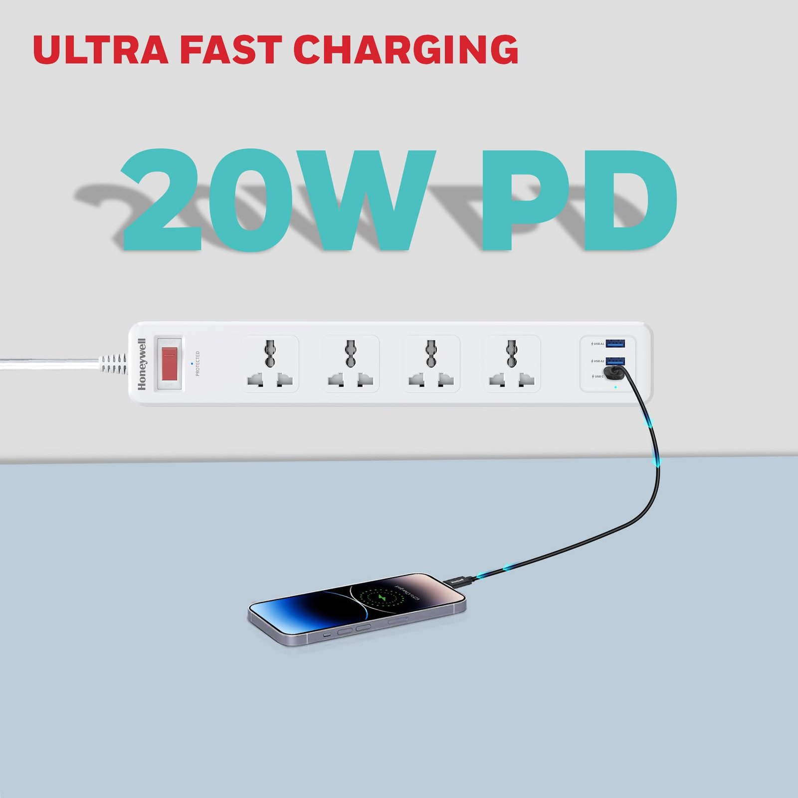 Honeywell 4 Out Surge Protector with Master Switch, Spike Guard/Extension Board, 4 Outlet, PD20W & 2xUSB, 13500Amp, 1.8 Meter Cord, DSW, Automatic Overload Protection, 3 Years Manufacturer Warranty - Image 5