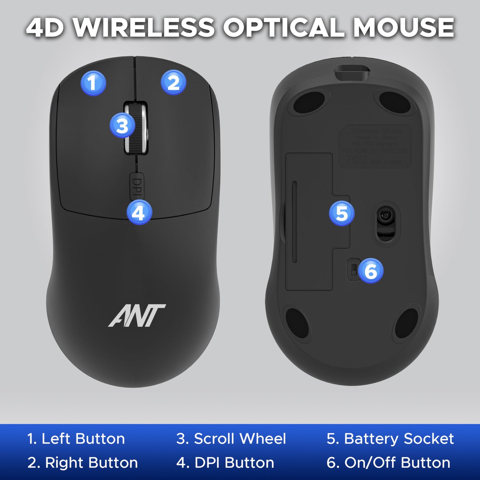 Ant Globe20 Wireless Mouse Dual Mode Bluetooth & 2.4GHz USB| 1600 DPI Optical Sensor | Silent Click Rechargeable Ergonomic Mouse | 4 Button Cordless Mouse for Laptop, PC, Mac, Windows, Linux | Black - Image 5