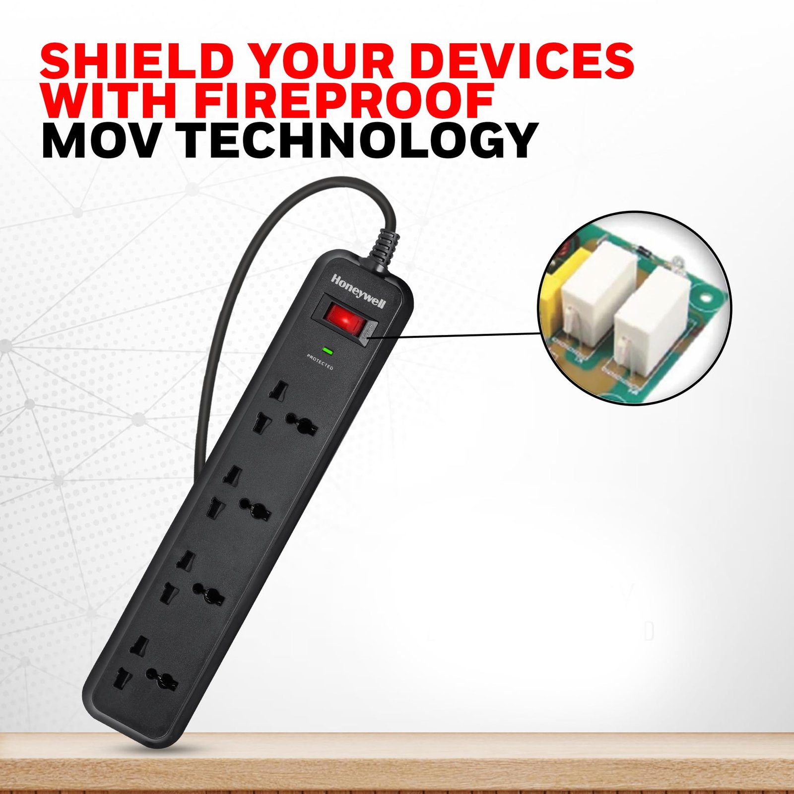 Honeywell Surge Protector, 4 Universal Sockets,15000Amp, 2 Meter Cord, Device Secure Warranty, Automatic Overload Protection, Spike Guard/Extension Board, Master Switch, 3Years Manufacturer Warranty - Image 3