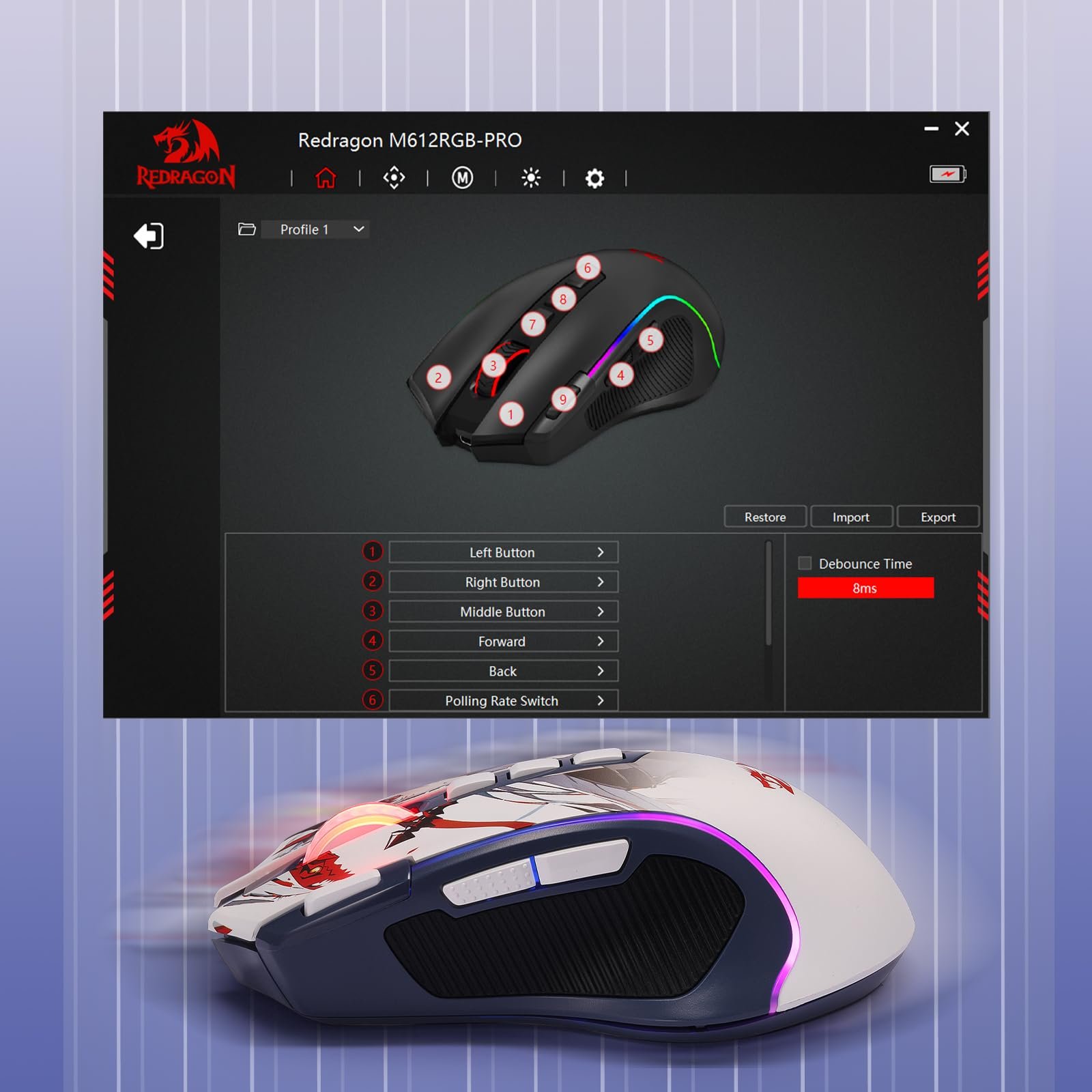 Redragon M612AK PRO RGB Gaming Mouse, 8000 DPI Wired/Wireless Optical Mouse with 9 Programmable Buttons & 7 Backlit Modes, BT & 2.4G Wireless, Software Supports DIY Keybinds Rapid Fire Button - Image 9