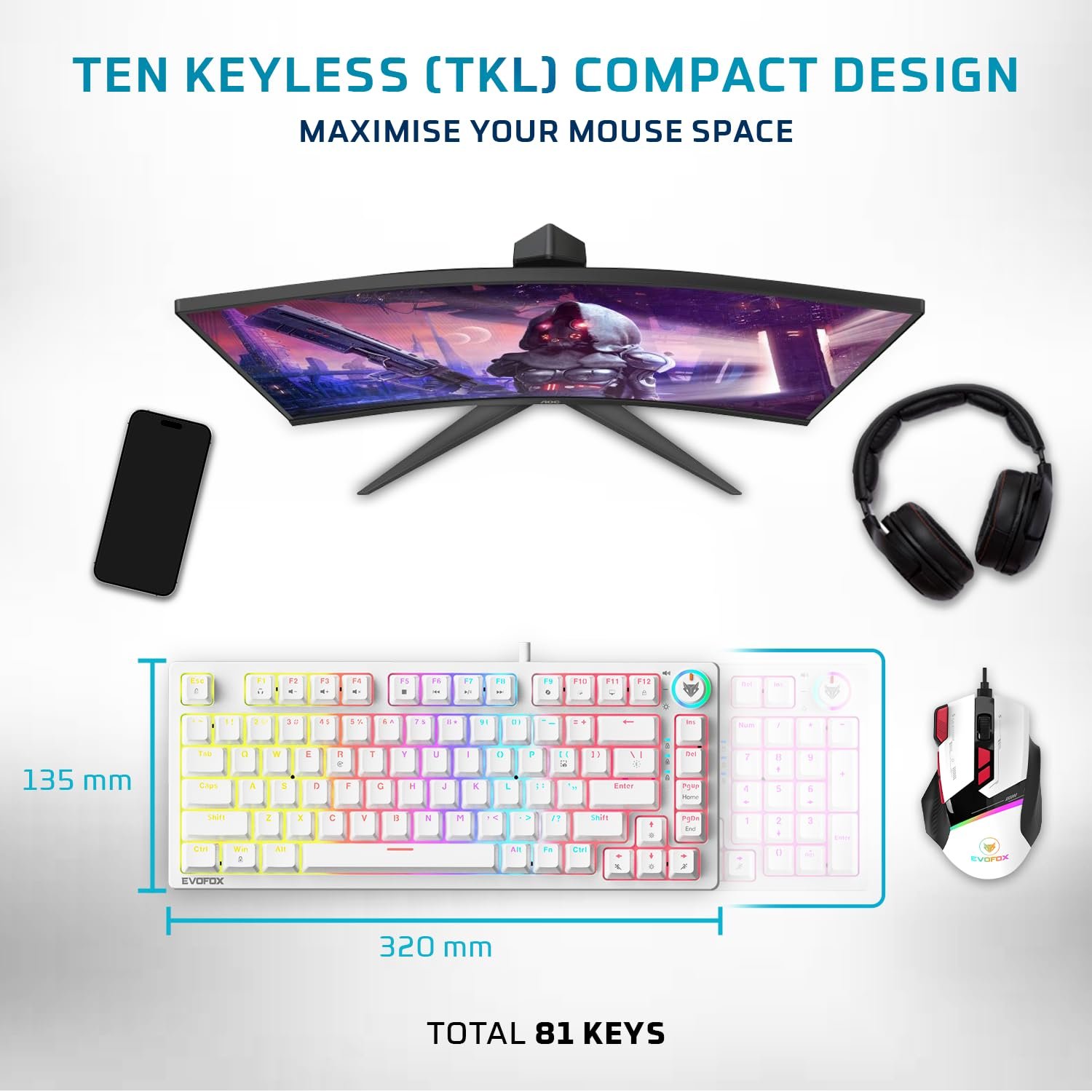 EvoFox Katana X2 TKL Mechanical Gaming Keyboard | 3โPin Replaceable Silent Red Switches, Dynamic Backlighting, All Keys AntiโGhosting, Volume Knob, Copilot, Xbox Gamebar, Screenshot & More (White) - Image 4