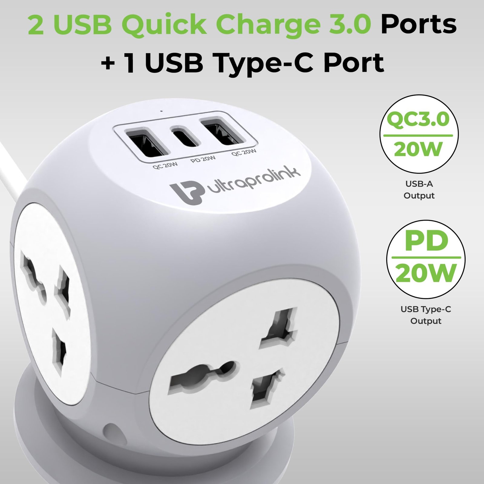 UltraProlink 7 in 1 Cube Extension Board Power Strip Multi-Ports|Device Safety with ISI Approved Heavy Duty Cable 5m/16.4’|Fast Charge iPhone 50% in 30 min|Type-C(PD 20W)+USB-A 20W &4AC Sockets|UM1222 - Image 7