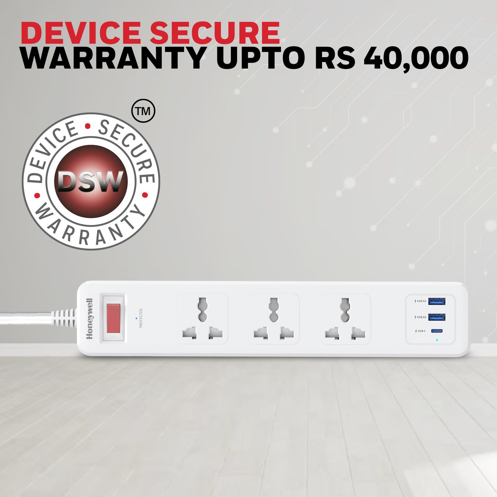 Honeywell 3 Out Surge Protector with Master Switch, Spike Guard/Extension Board, 3 Outlet, PD20W & 2xUSB, 13500Amp, 1.8 Meter Cord, DSW, Automatic Overload Protection, 3 Years Manufacturer Warranty