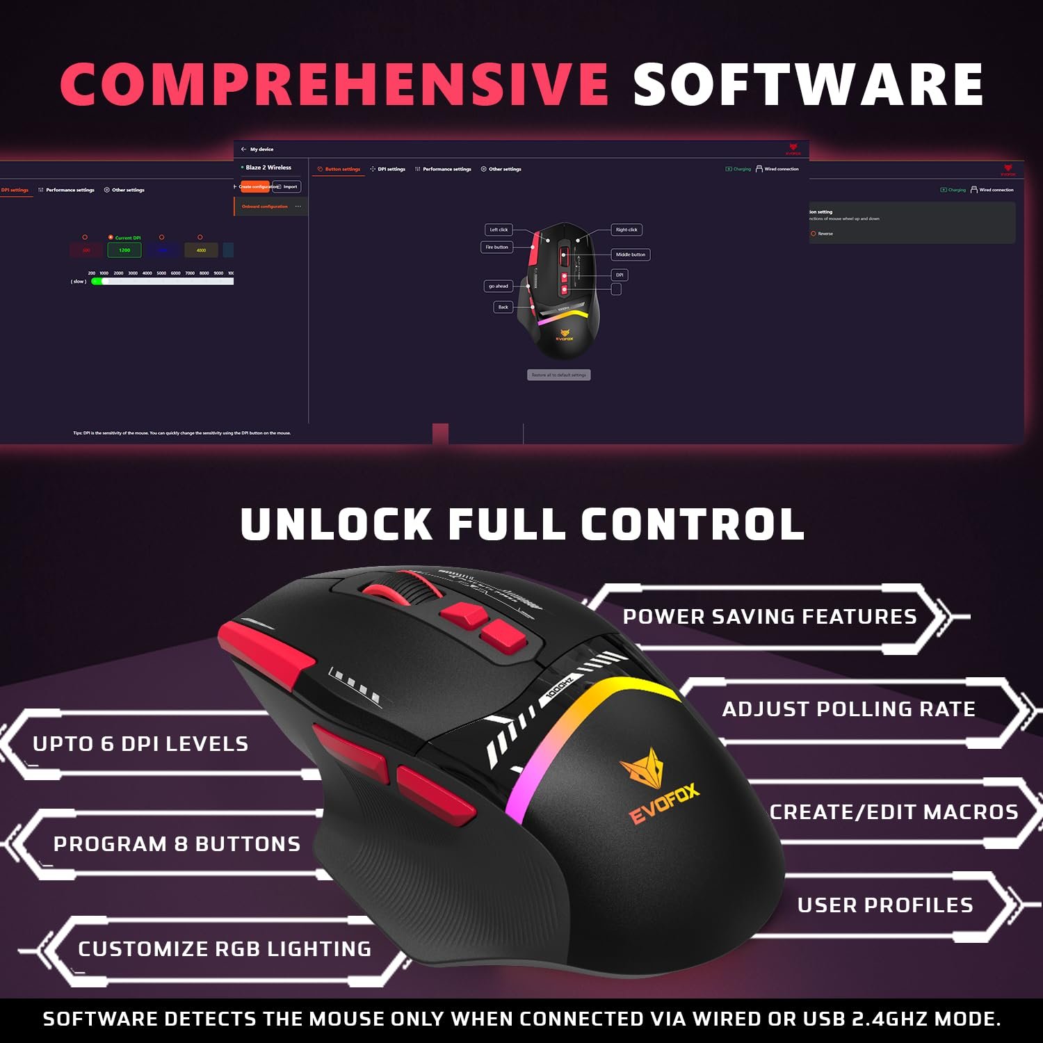 EvoFox Blaze 2 Wireless Gaming Mouse Tri-Mode Rechargeable, 12,800 DPI, 1000Hz Polling Rate, Ergonomic Design, RGB Lighting, 8 Programmable Buttons, Software Support - Image 6