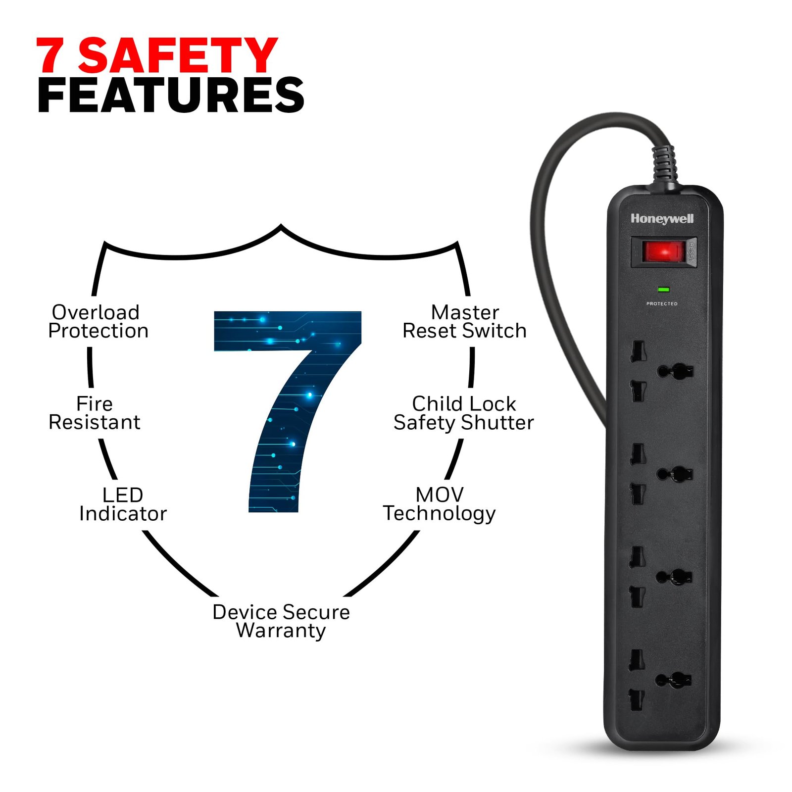Honeywell Surge Protector, 4 Universal Sockets,15000Amp, 2 Meter Cord, Device Secure Warranty, Automatic Overload Protection, Spike Guard/Extension Board, Master Switch, 3Years Manufacturer Warranty - Image 4