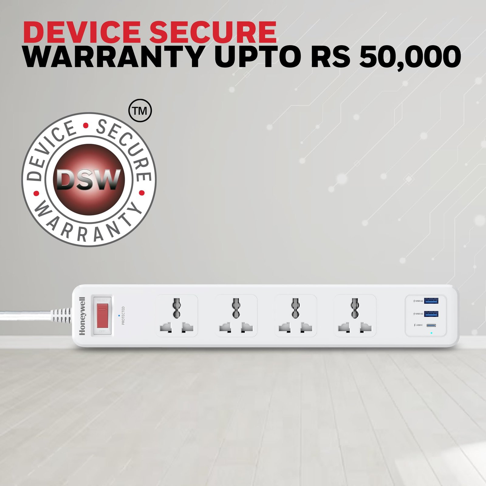 Honeywell 4 Out Surge Protector with Master Switch, Spike Guard/Extension Board, 4 Outlet, PD20W & 2xUSB, 13500Amp, 1.8 Meter Cord, DSW, Automatic Overload Protection, 3 Years Manufacturer Warranty