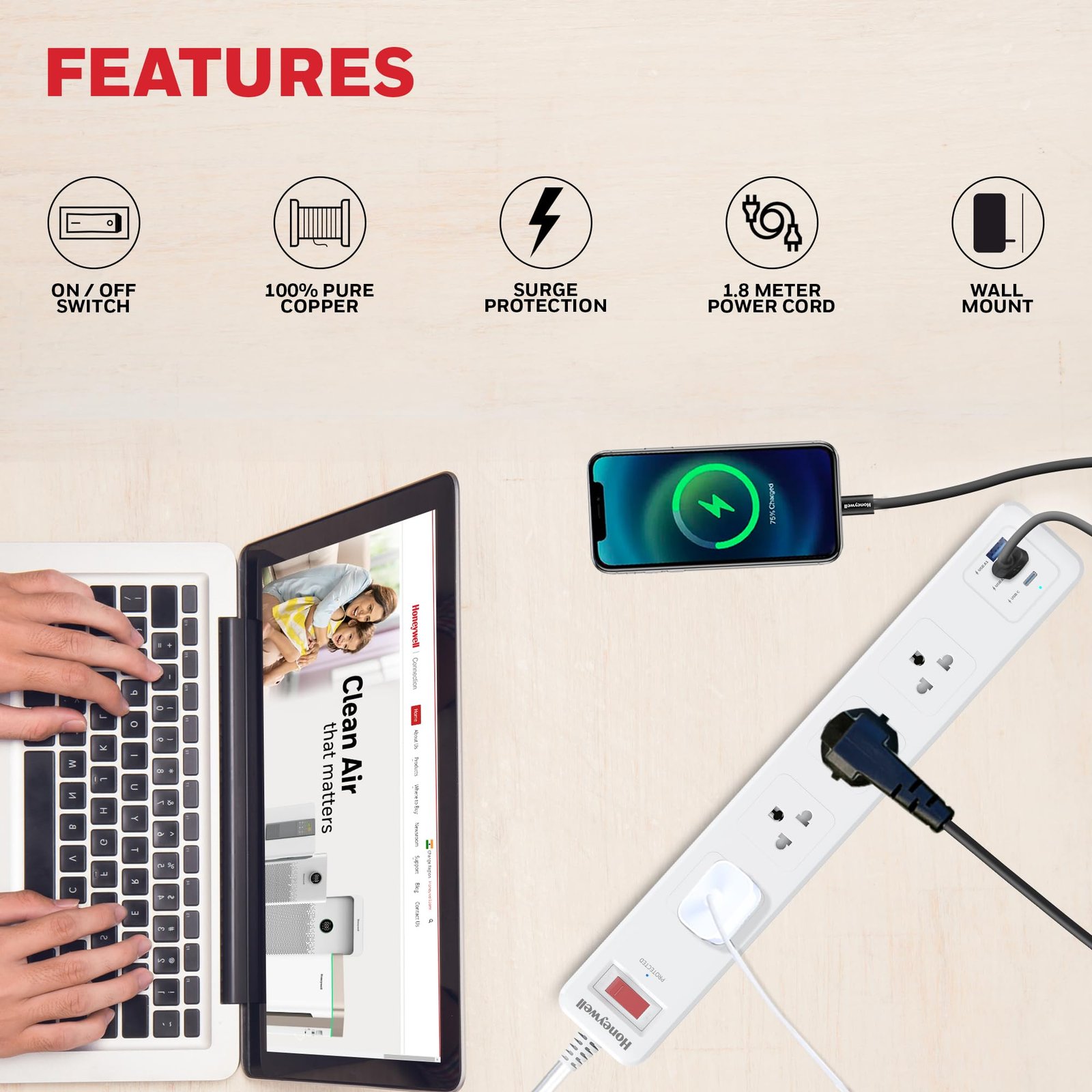 Honeywell 4 Out Surge Protector with Master Switch, Spike Guard/Extension Board, 4 Outlet, PD20W & 2xUSB, 13500Amp, 1.8 Meter Cord, DSW, Automatic Overload Protection, 3 Years Manufacturer Warranty - Image 8