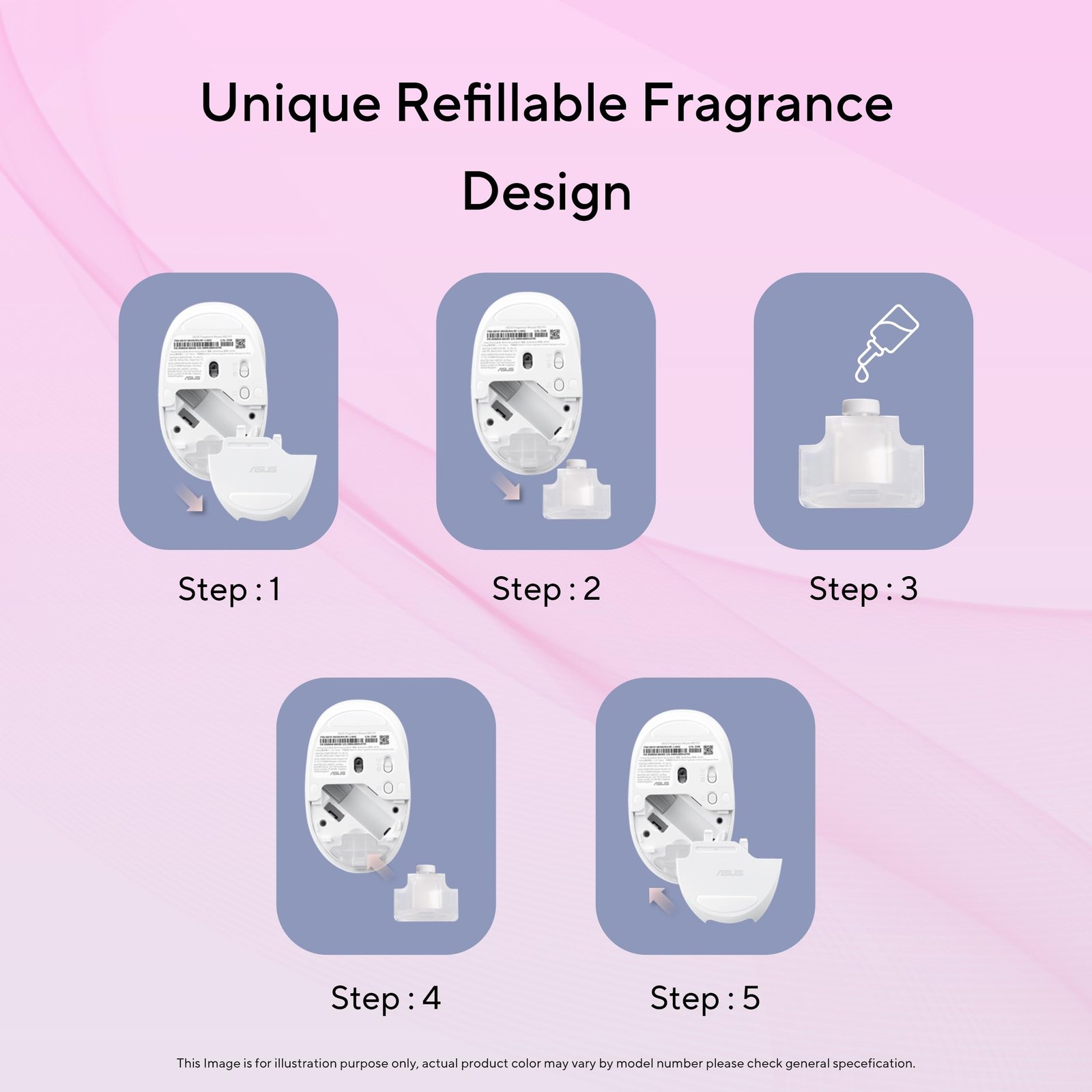 ASUS MD101 Fragrance Mouse, Dual-Mode connectivity, Adjustable DPI Upto 2400, PTFE Mouse feet, Refillable Fragrance Design, Silent Clicks, Upto 12-Months Battery*, Iridescent White, Lightweight 67.6g - Image 4