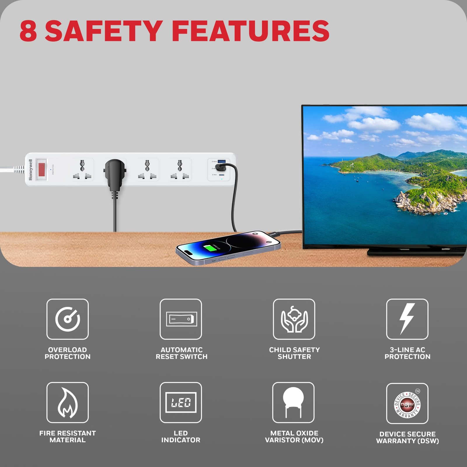 Honeywell 4 Out Surge Protector with Master Switch, Spike Guard/Extension Board, 4 Outlet, PD20W & 2xUSB, 13500Amp, 1.8 Meter Cord, DSW, Automatic Overload Protection, 3 Years Manufacturer Warranty - Image 6