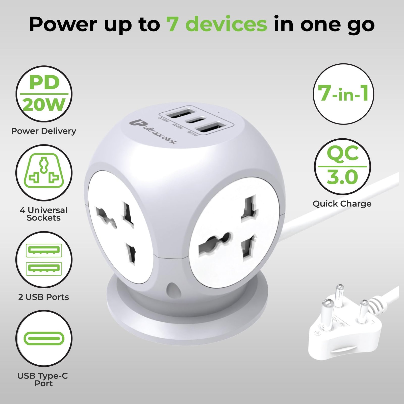 UltraProlink 7 in 1 Cube Extension Board Power Strip Multi-Ports|Device Safety with ISI Approved Heavy Duty Cable 5m/16.4’|Fast Charge iPhone 50% in 30 min|Type-C(PD 20W)+USB-A 20W &4AC Sockets|UM1222 - Image 6
