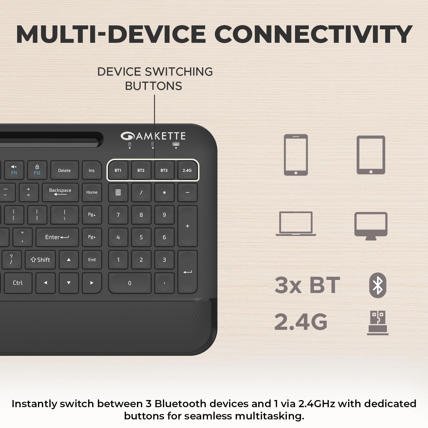 Amkette Optimus Pro Max Multi Device (4in1) Rechargeable Wireless Keyboard/Bluetooth Keyboard with Scissor Keys | One Click Device Switching and AI Access for MacOS, Windows, Android & iOS (Black) - Image 3