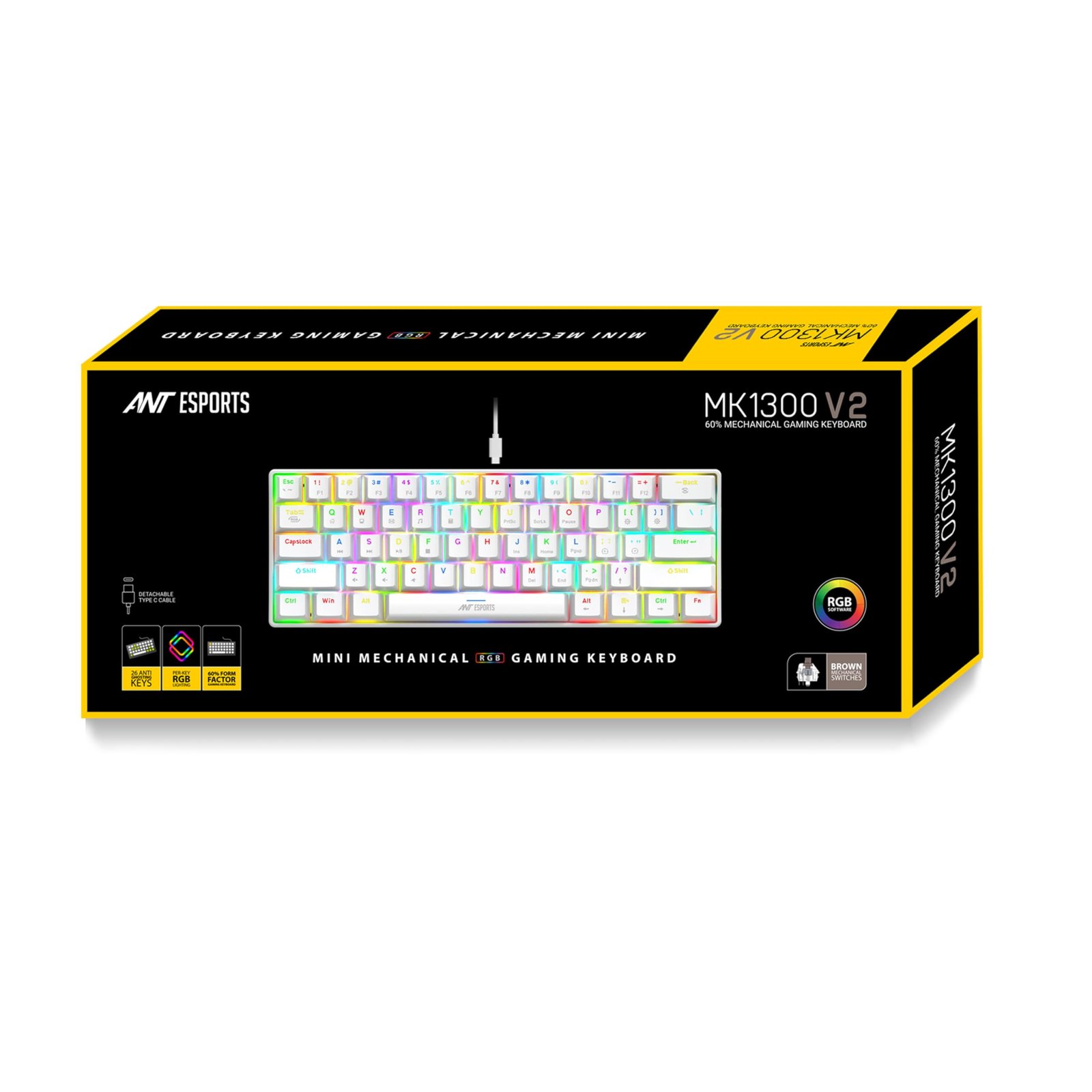 Ant Esports MK1300 V2 Smartchoice Mechanical Gaming Keyboard, 60% Compact 61 Keys Mini, RGB Backlit LED, Brown Switches, Portable Wired USB, Anti-Ghosting, Ergonomic, PC/Mac Gaming Keyboard, White