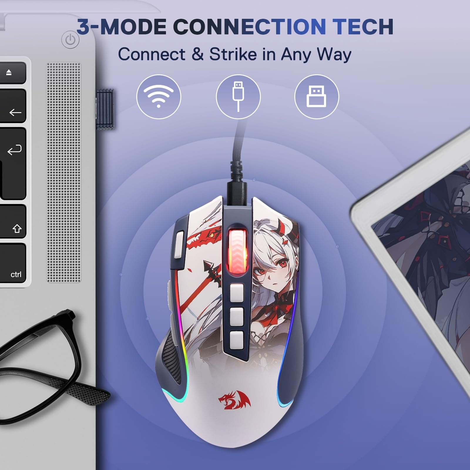 Redragon M612AK PRO RGB Gaming Mouse, 8000 DPI Wired/Wireless Optical Mouse with 9 Programmable Buttons & 7 Backlit Modes, BT & 2.4G Wireless, Software Supports DIY Keybinds Rapid Fire Button - Image 4