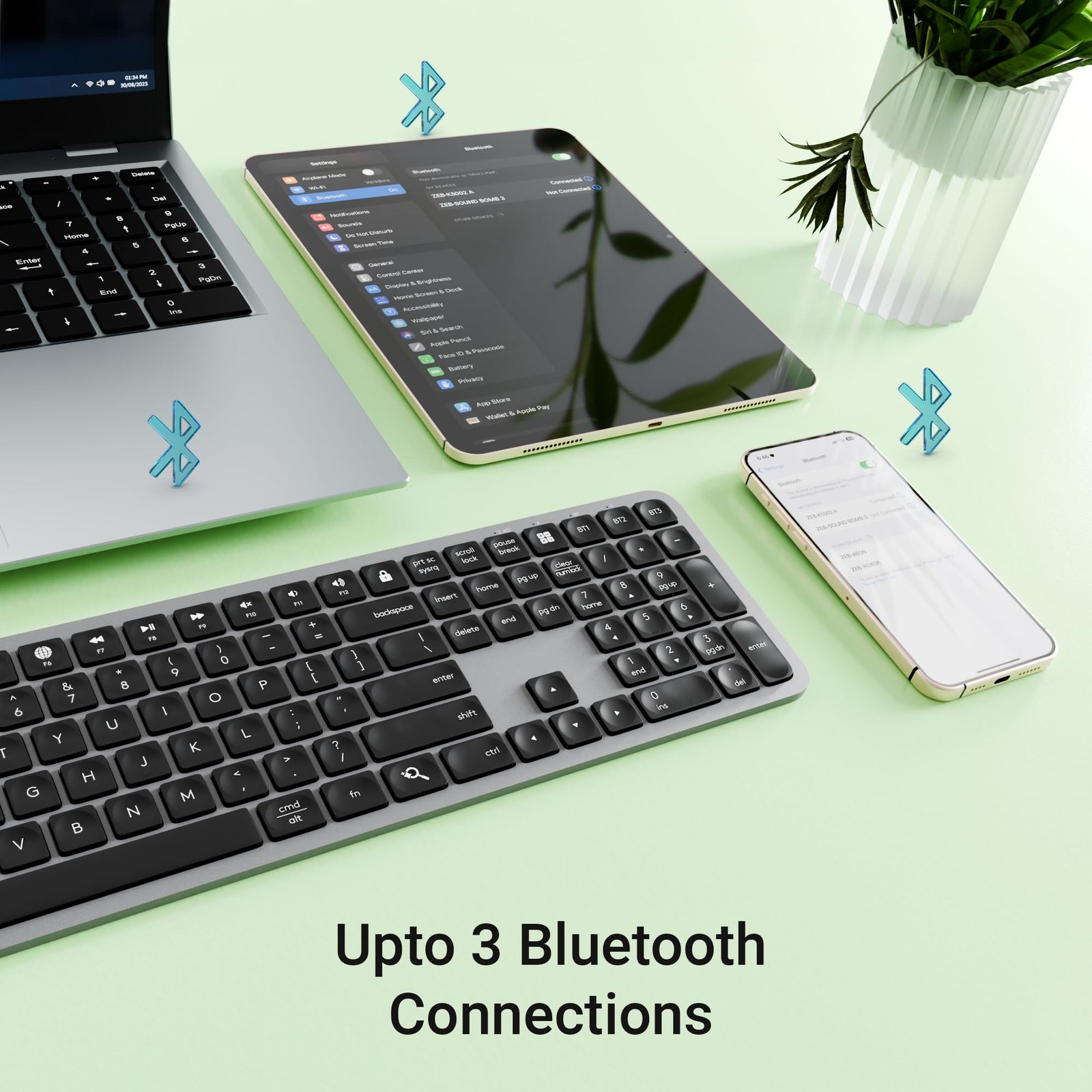 ZEBRONICS K5002MW Slim Wireless Keyboard with in-Built Battery, Copilot AI Key, Windows | Mac | iOS | Android, Scissor Switch, 3 Bluetooth + 2.4Ghz, 109 Keys, 13 Multimedia Keys, Type C Charging - Image 4