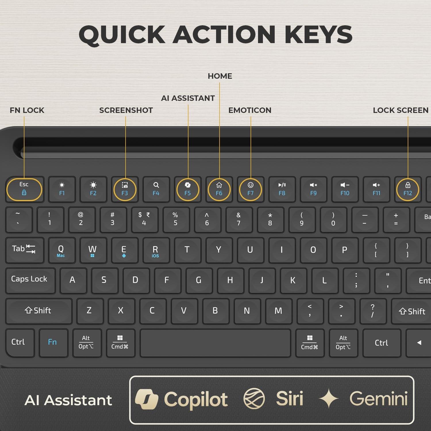Amkette Optimus Pro Max Multi Device (4in1) Rechargeable Wireless Keyboard/Bluetooth Keyboard with Scissor Keys | One Click Device Switching and AI Access for MacOS, Windows, Android & iOS (Black) - Image 5