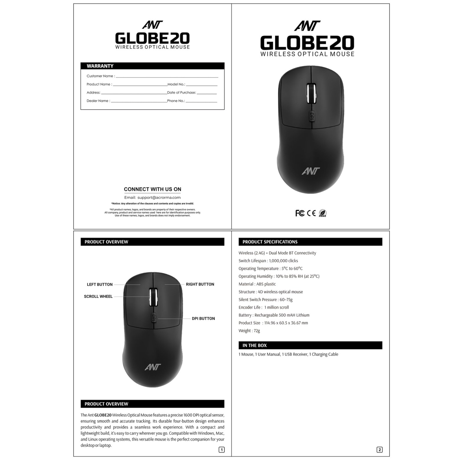 Ant Globe20 Wireless Mouse Dual Mode Bluetooth & 2.4GHz USB| 1600 DPI Optical Sensor | Silent Click Rechargeable Ergonomic Mouse | 4 Button Cordless Mouse for Laptop, PC, Mac, Windows, Linux | Black - Image 6