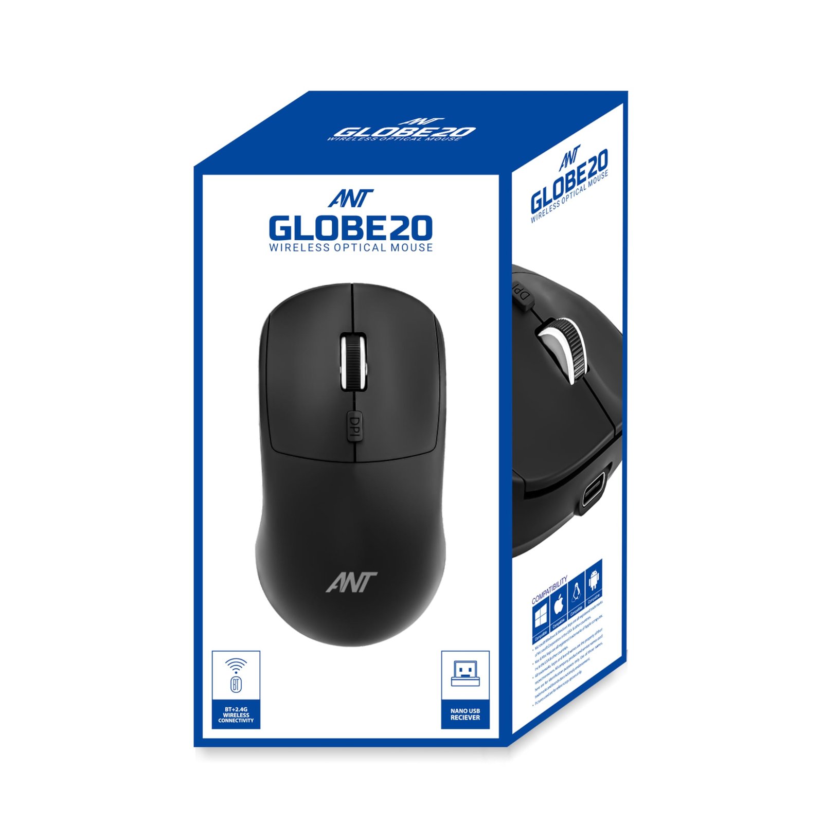 Ant Globe20 Wireless Mouse Dual Mode Bluetooth & 2.4GHz USB| 1600 DPI Optical Sensor | Silent Click Rechargeable Ergonomic Mouse | 4 Button Cordless Mouse for Laptop, PC, Mac, Windows, Linux | Black