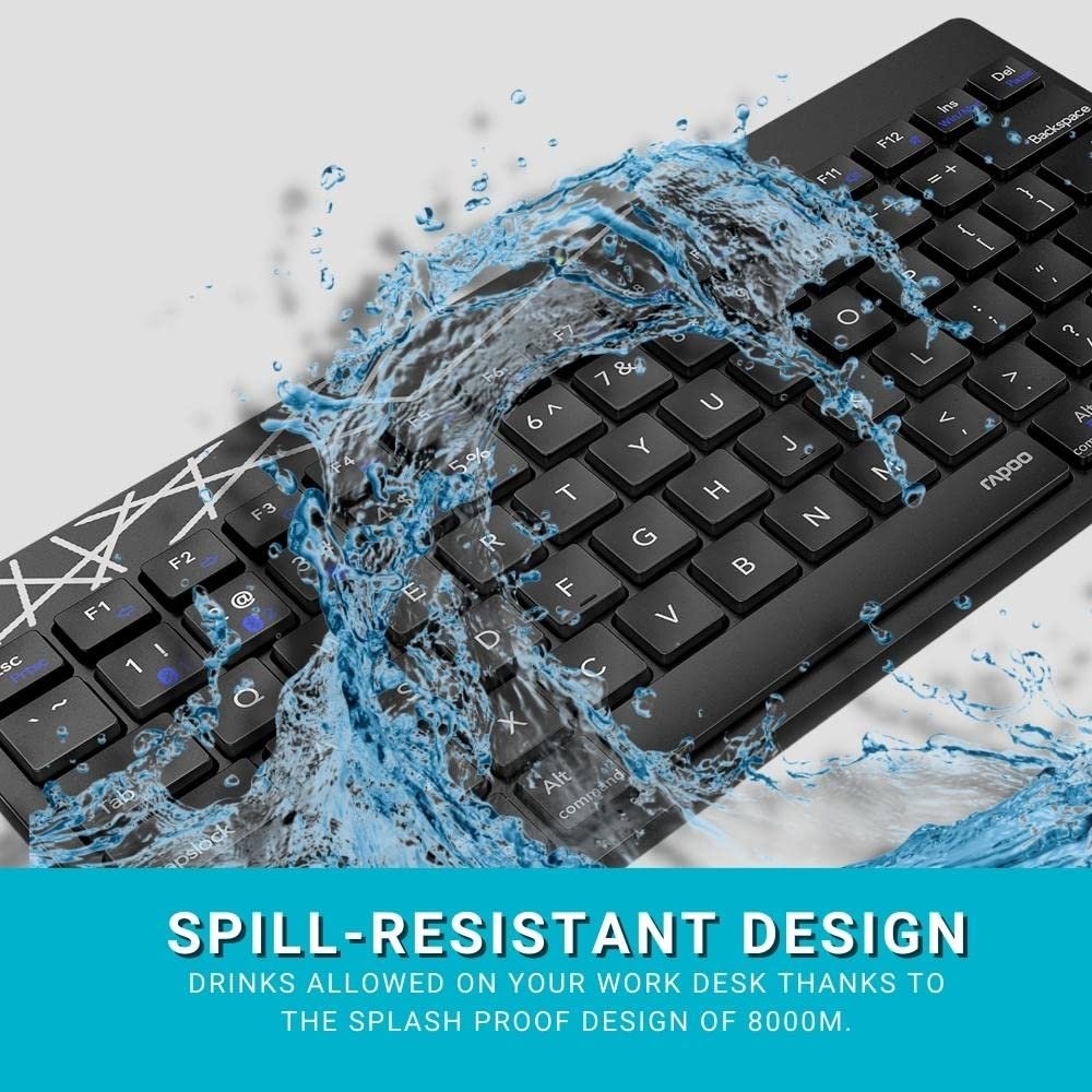 Rapoo 8000M Multi-Device Wireless & Bluetooth Keyboard & Mouse Combo | Spill Resistant |2.4GHz, BT 3.0 & 4.0 | 1300 DPI | Windows & Mac OS Support |Silent Keys | 3 Yrs Warranty |Silent |Black - Image 4