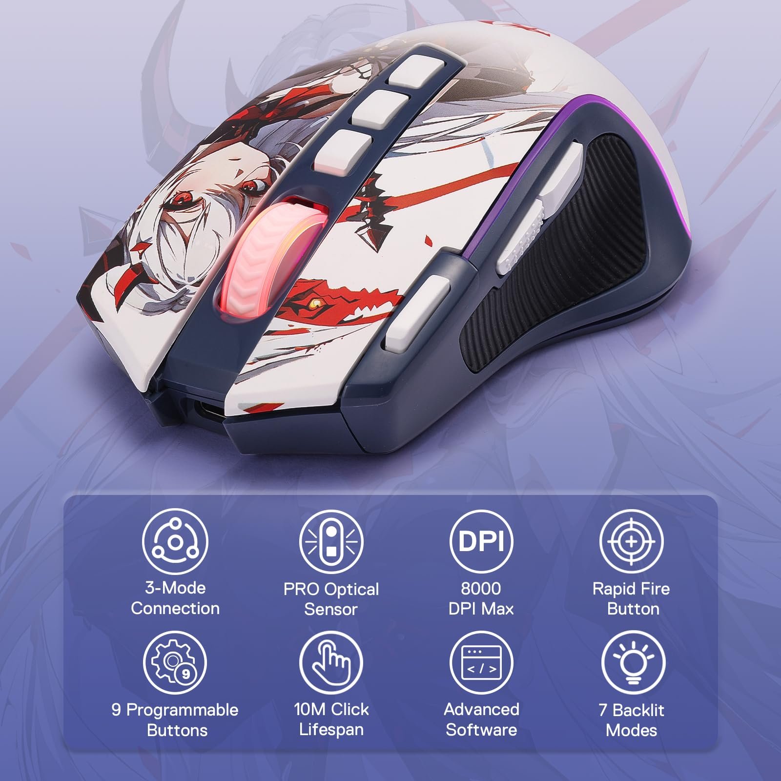 Redragon M612AK PRO RGB Gaming Mouse, 8000 DPI Wired/Wireless Optical Mouse with 9 Programmable Buttons & 7 Backlit Modes, BT & 2.4G Wireless, Software Supports DIY Keybinds Rapid Fire Button - Image 3