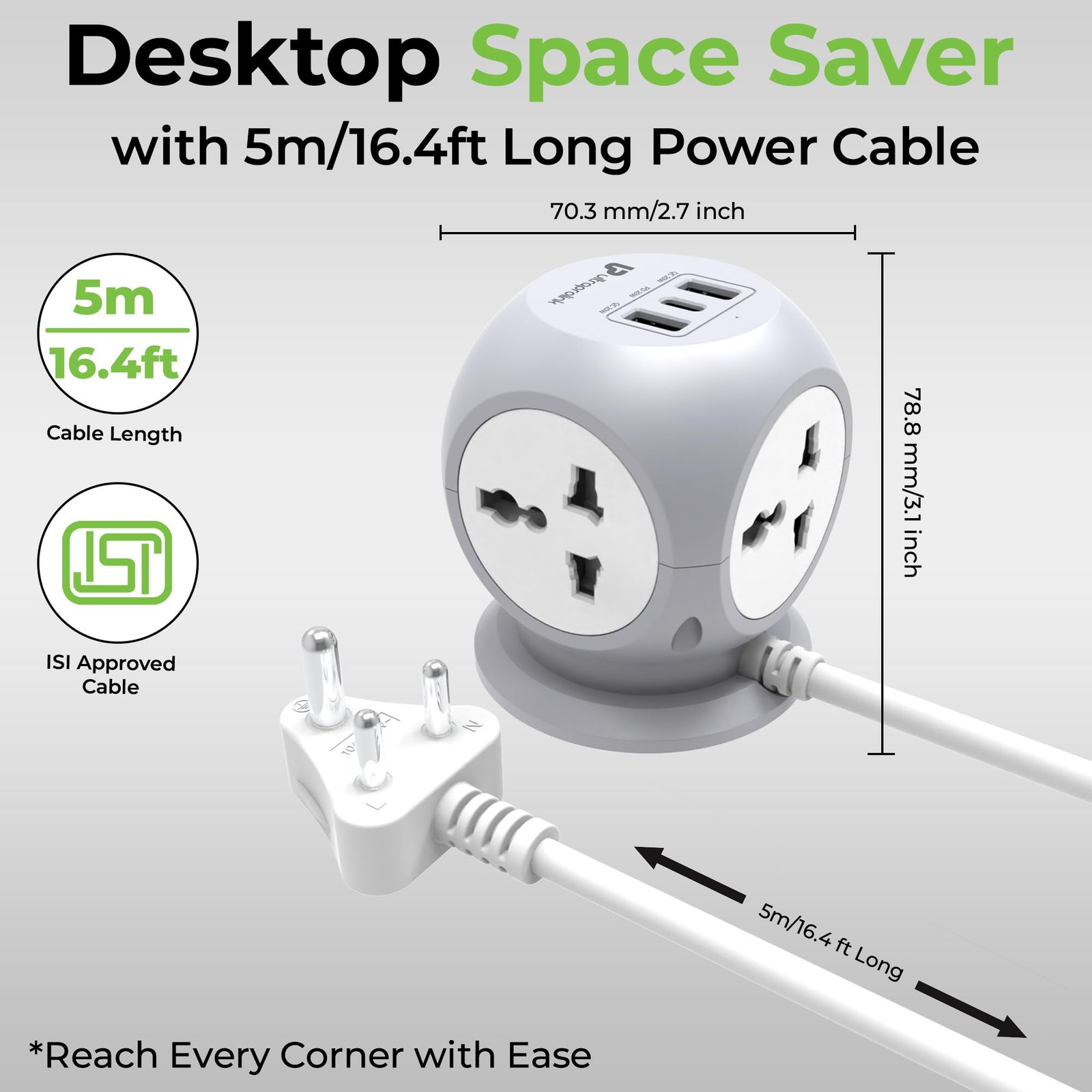 UltraProlink 7 in 1 Cube Extension Board Power Strip Multi-Ports|Device Safety with ISI Approved Heavy Duty Cable 5m/16.4’|Fast Charge iPhone 50% in 30 min|Type-C(PD 20W)+USB-A 20W &4AC Sockets|UM1222 - Image 5