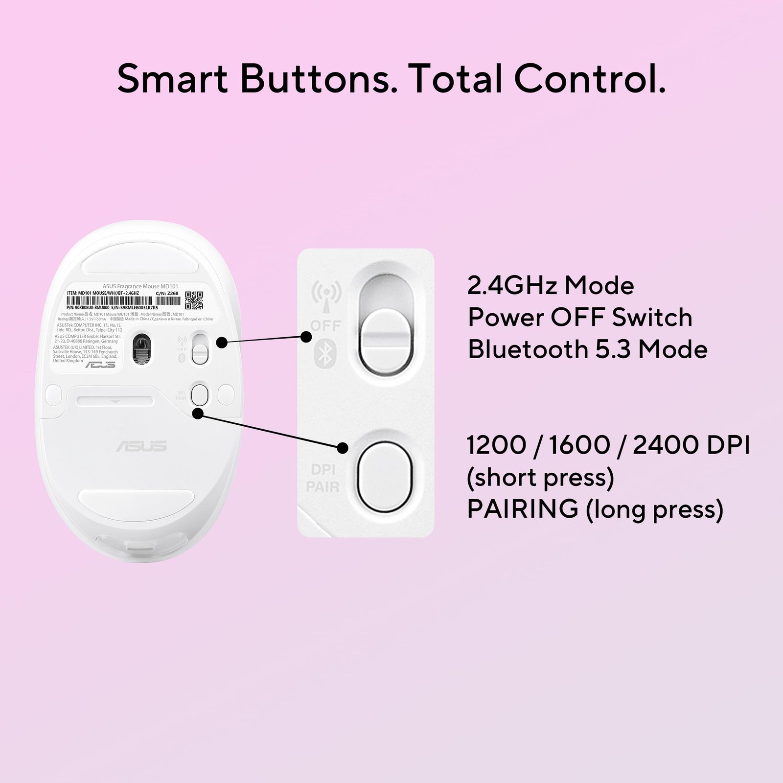 ASUS MD101 Fragrance Mouse, Dual-Mode connectivity, Adjustable DPI Upto 2400, PTFE Mouse feet, Refillable Fragrance Design, Silent Clicks, Upto 12-Months Battery*, Iridescent White, Lightweight 67.6g - Image 8