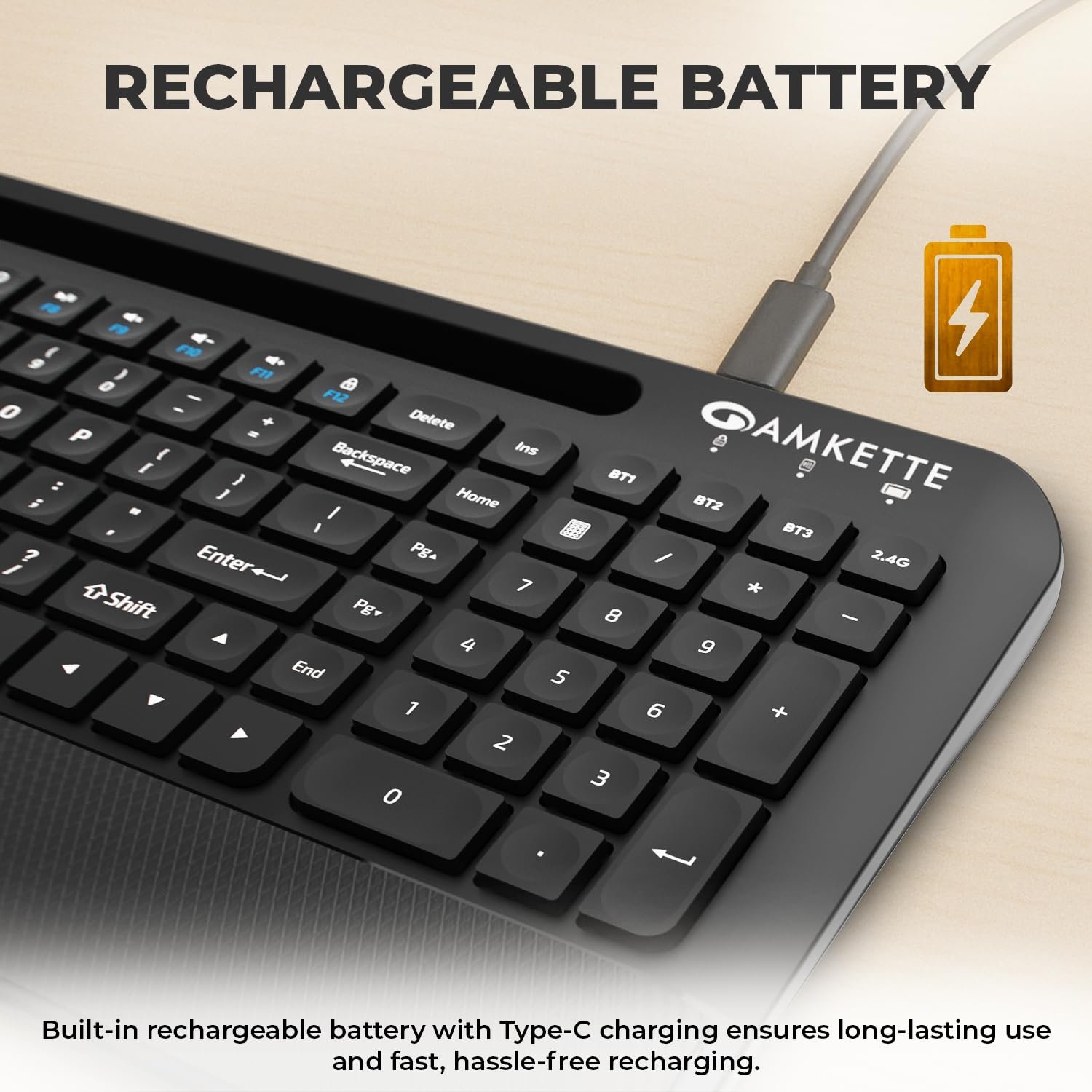 Amkette Optimus Pro Max Multi Device (4in1) Rechargeable Wireless Keyboard/Bluetooth Keyboard with Scissor Keys | One Click Device Switching and AI Access for MacOS, Windows, Android & iOS (Black) - Image 8