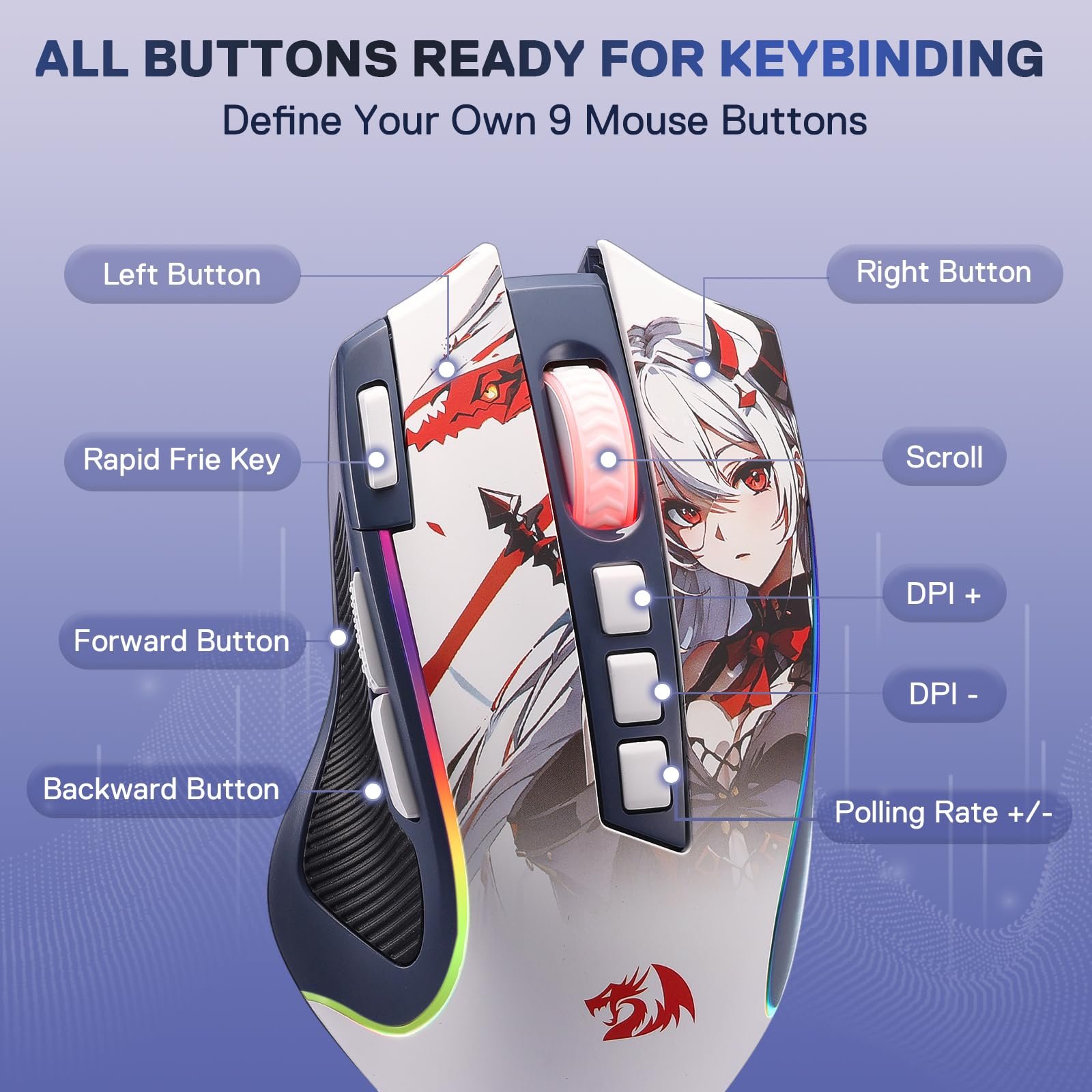 Redragon M612AK PRO RGB Gaming Mouse, 8000 DPI Wired/Wireless Optical Mouse with 9 Programmable Buttons & 7 Backlit Modes, BT & 2.4G Wireless, Software Supports DIY Keybinds Rapid Fire Button - Image 5