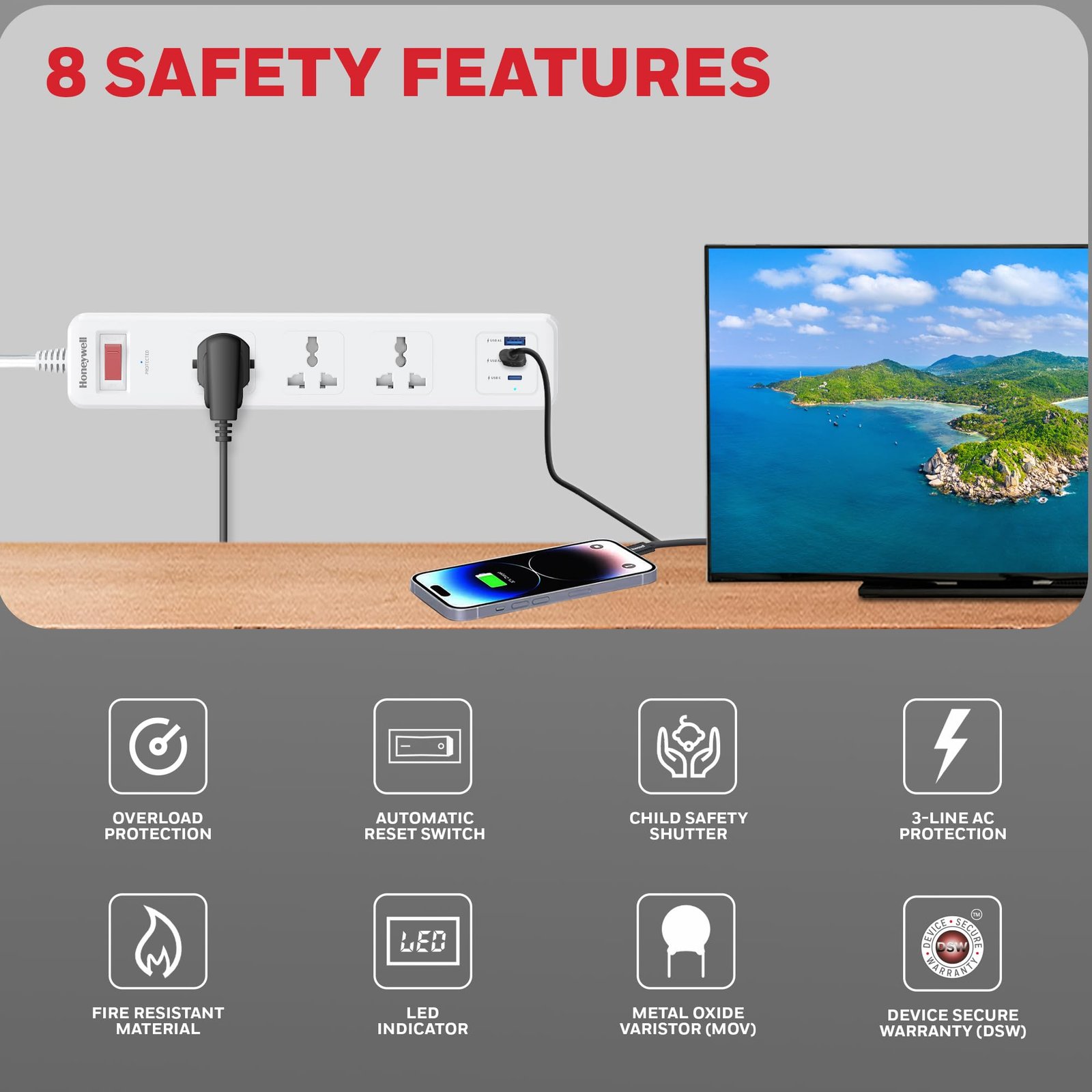 Honeywell 3 Out Surge Protector with Master Switch, Spike Guard/Extension Board, 3 Outlet, PD20W & 2xUSB, 13500Amp, 1.8 Meter Cord, DSW, Automatic Overload Protection, 3 Years Manufacturer Warranty - Image 6