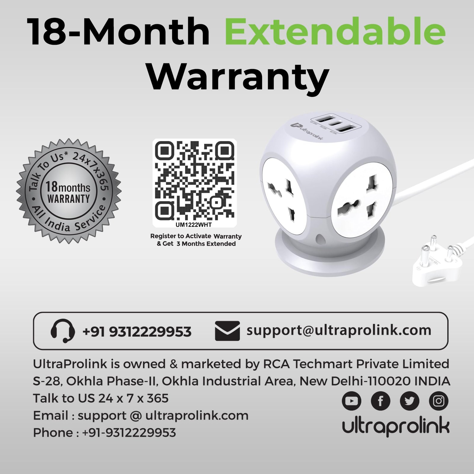 UltraProlink 7 in 1 Cube Extension Board Power Strip Multi-Ports|Device Safety with ISI Approved Heavy Duty Cable 5m/16.4’|Fast Charge iPhone 50% in 30 min|Type-C(PD 20W)+USB-A 20W &4AC Sockets|UM1222