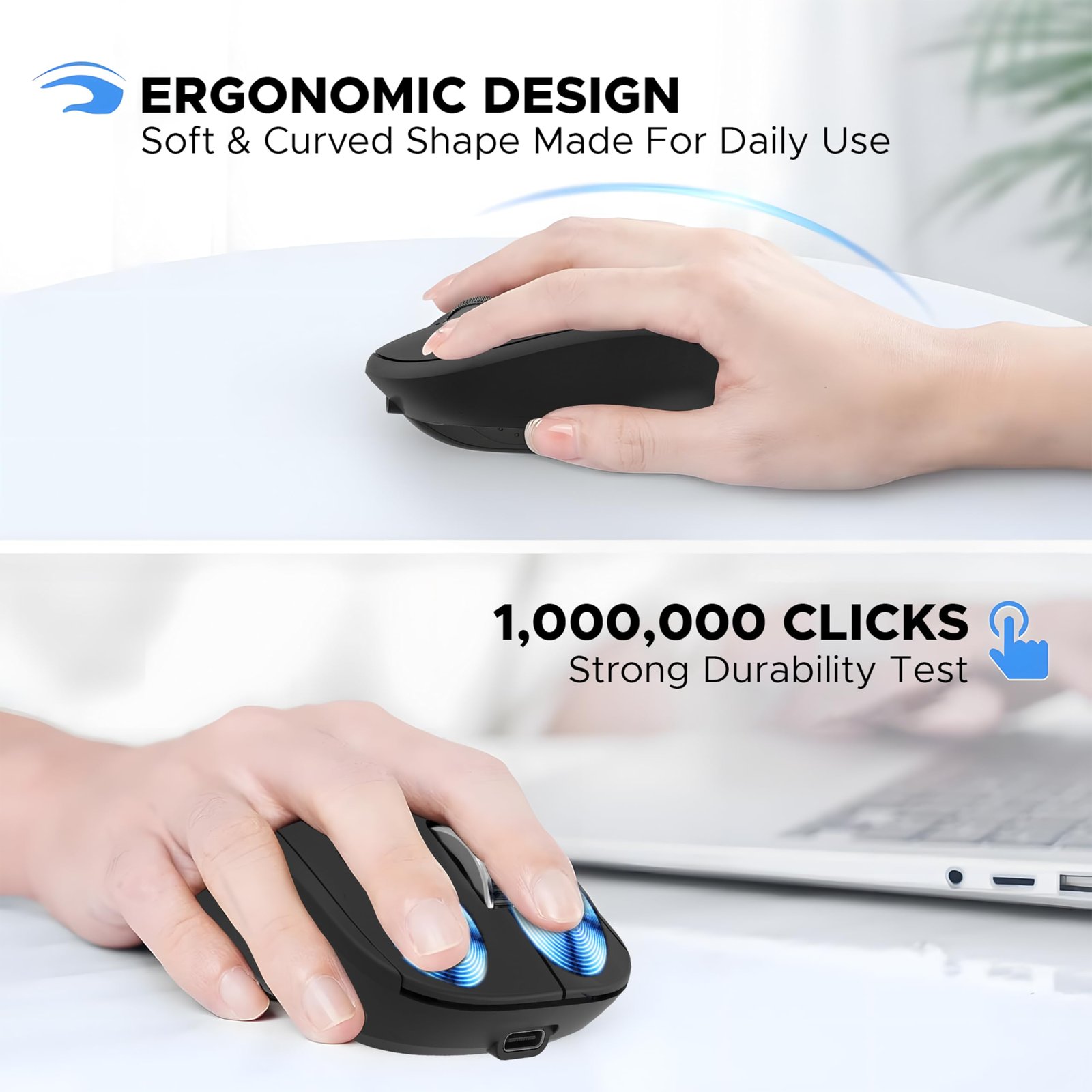 Ant Globe20 Wireless Mouse Dual Mode Bluetooth & 2.4GHz USB| 1600 DPI Optical Sensor | Silent Click Rechargeable Ergonomic Mouse | 4 Button Cordless Mouse for Laptop, PC, Mac, Windows, Linux | Black - Image 4