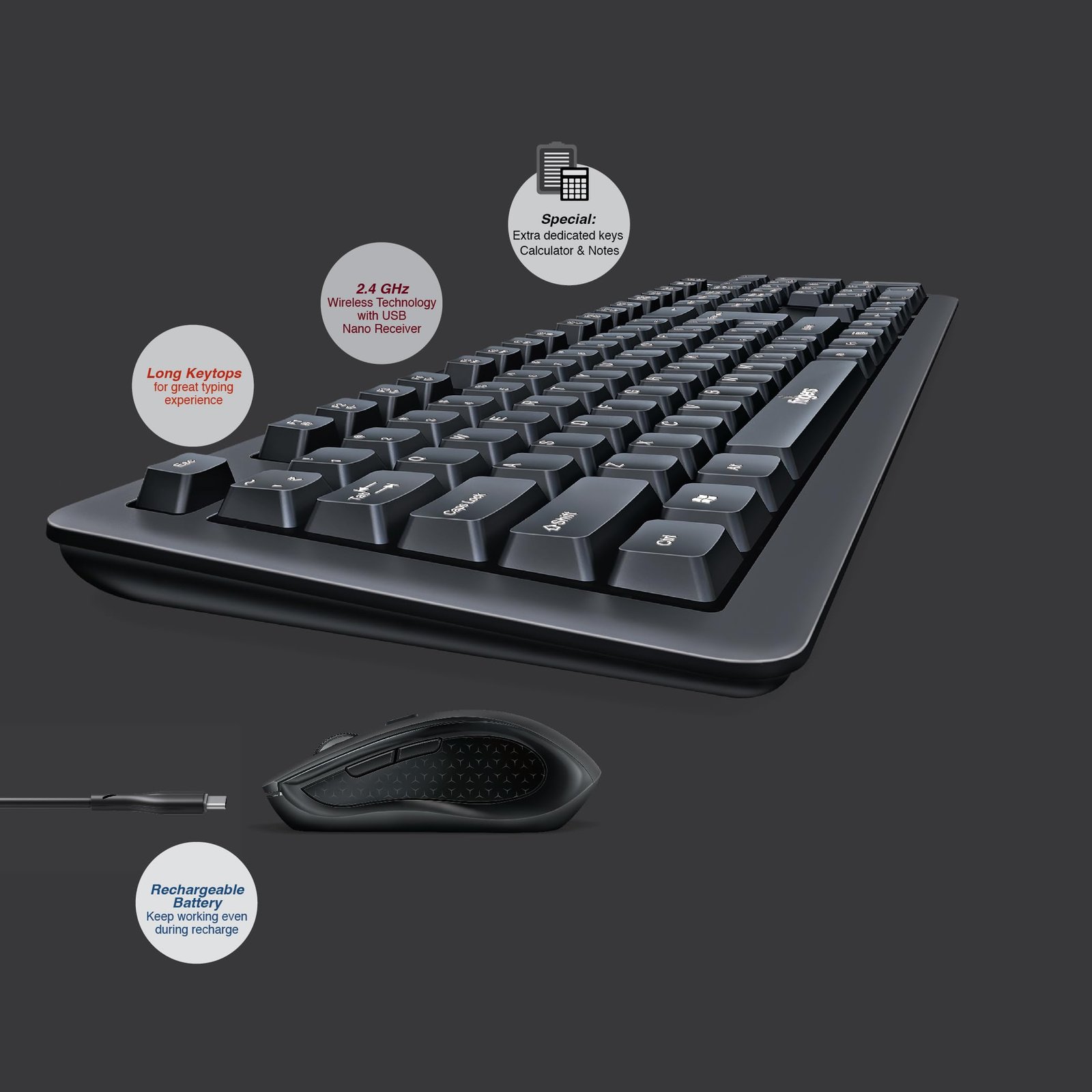 Duo-Recharge Wireless Deskset (Mouse + Keyboard) Combo (Rechargeable Batteries with 25-Day worktime, 2.4 GHz Technology with USB Nano Receiver, Windows, macOS, Linux & Chrome OS Compatible) - Image 4