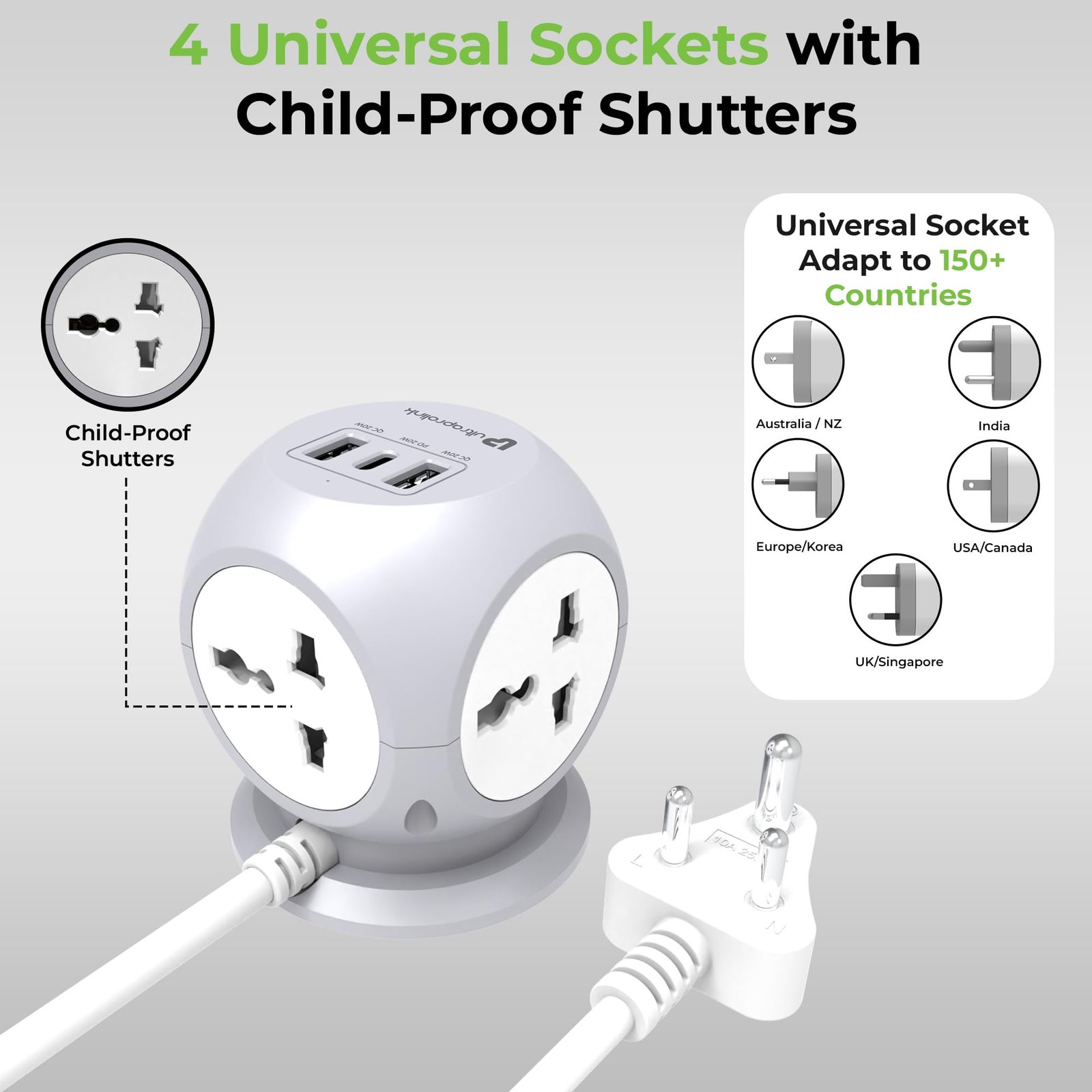 UltraProlink 7 in 1 Cube Extension Board Power Strip Multi-Ports|Device Safety with ISI Approved Heavy Duty Cable 5m/16.4’|Fast Charge iPhone 50% in 30 min|Type-C(PD 20W)+USB-A 20W &4AC Sockets|UM1222 - Image 4